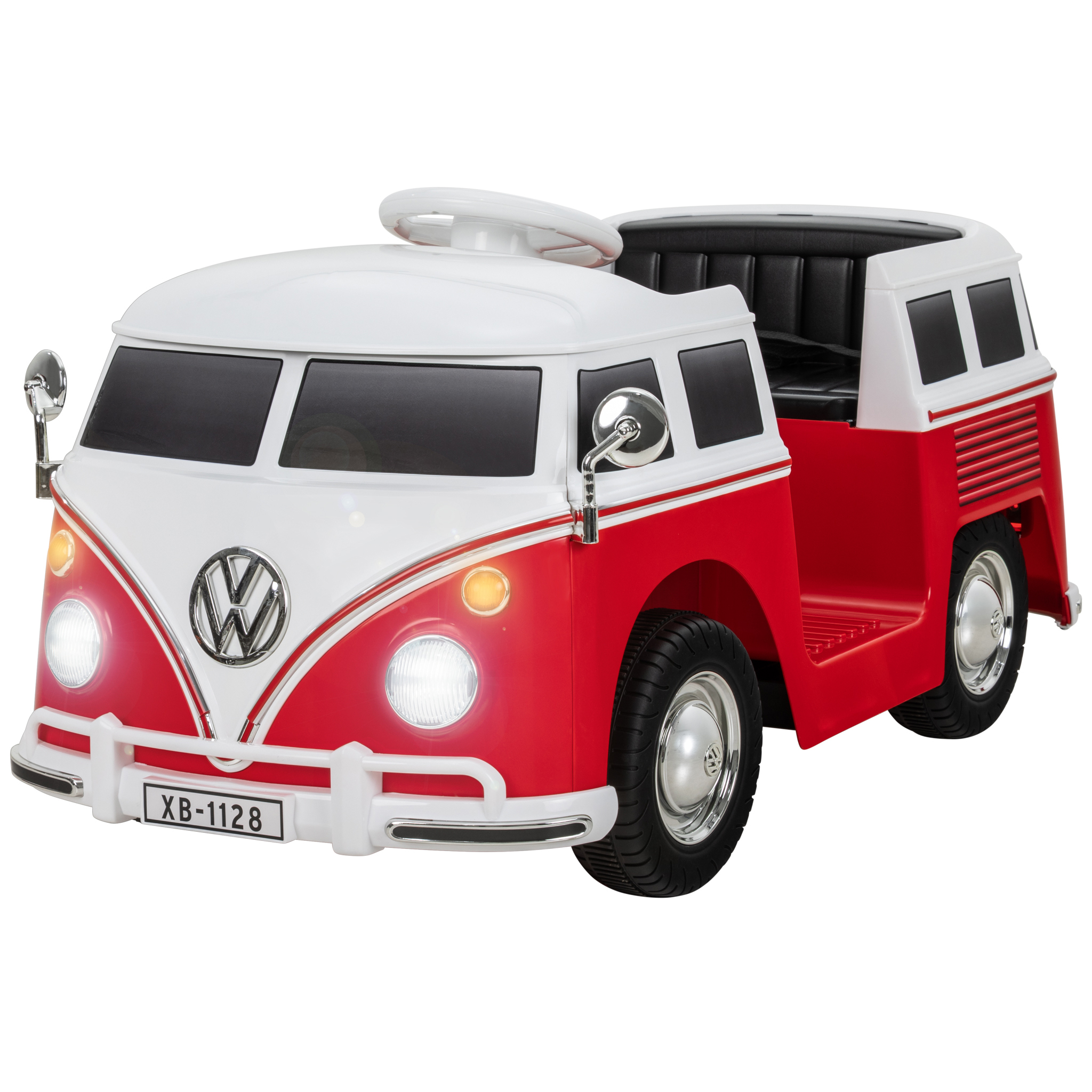 Ein rot-weißer Spielzeug-VW-Bus mit Licht und Nummernschild.