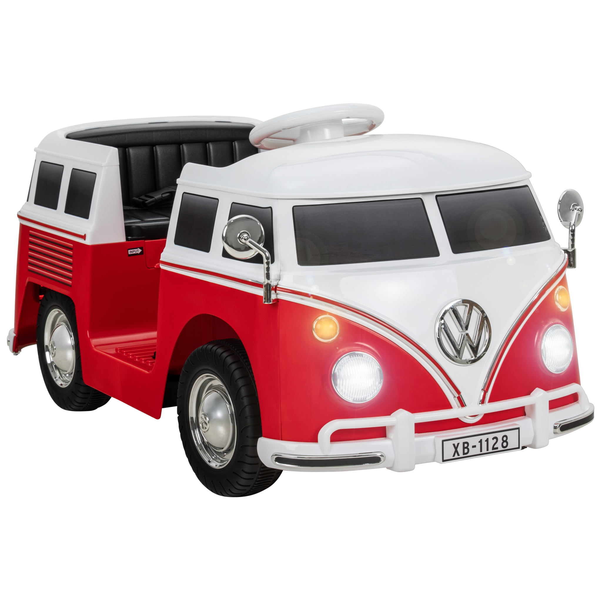 Ein roter und weißer Spielzeug-VW-Bus mit Licht und Nummernschild XB-1128.