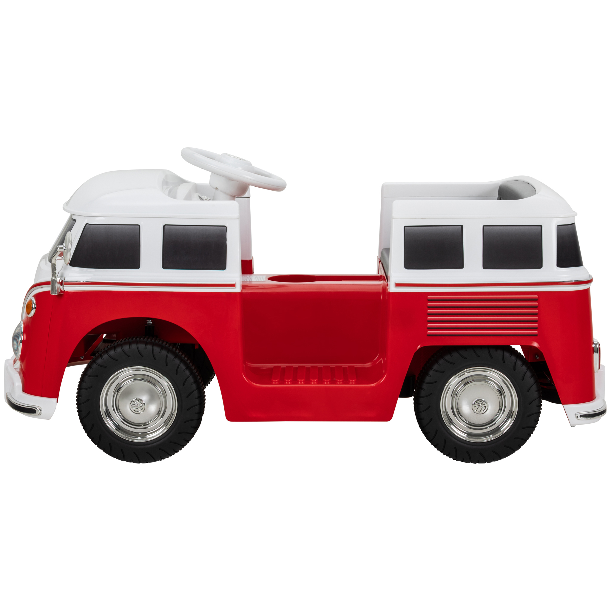 Rotes und weißes Spielzeugauto im Stil eines Busses mit schwarzen Fenstern und Rädern.