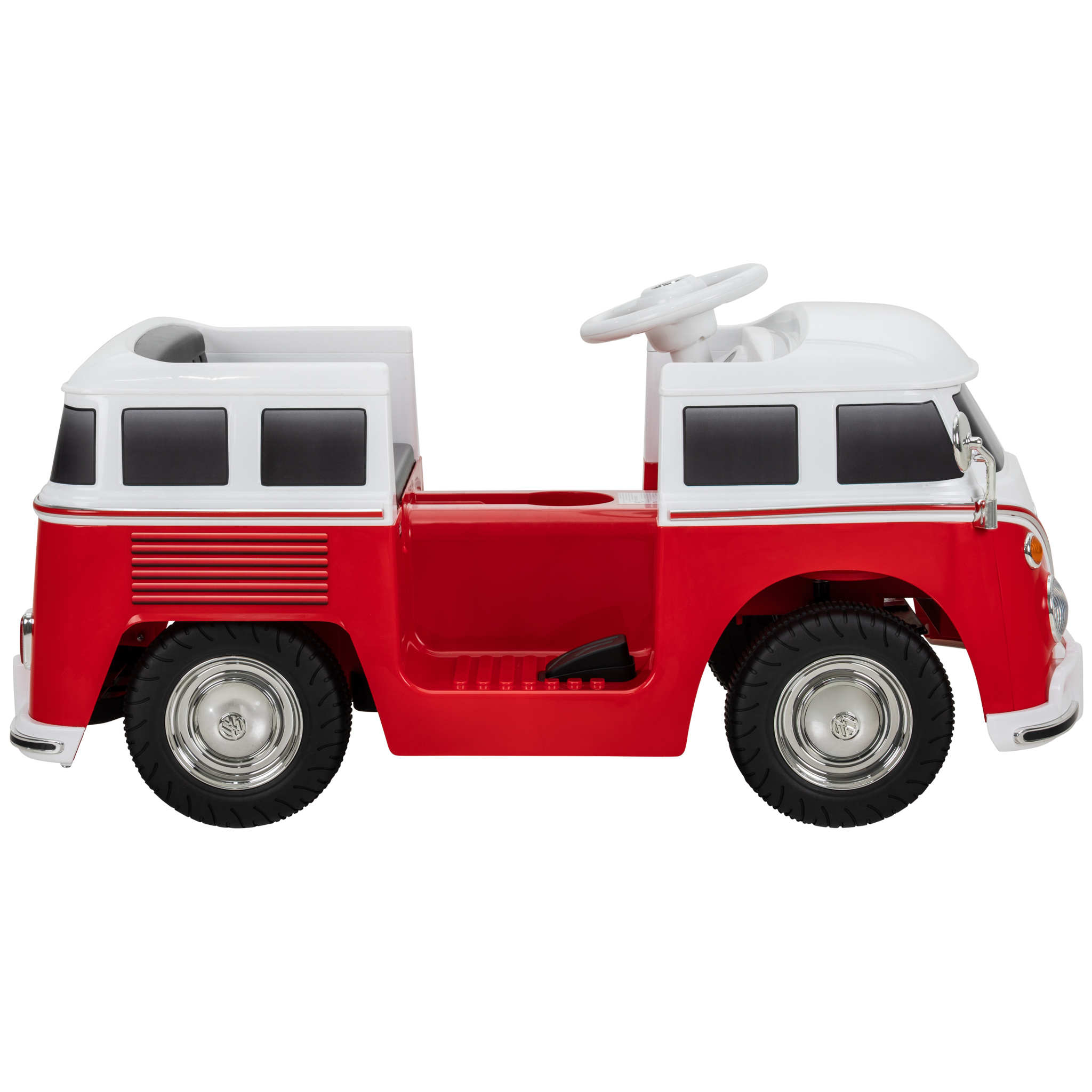 Rotes Spielzeugauto mit weißem Dach, Lenkrad und schwarzen Fenstern.