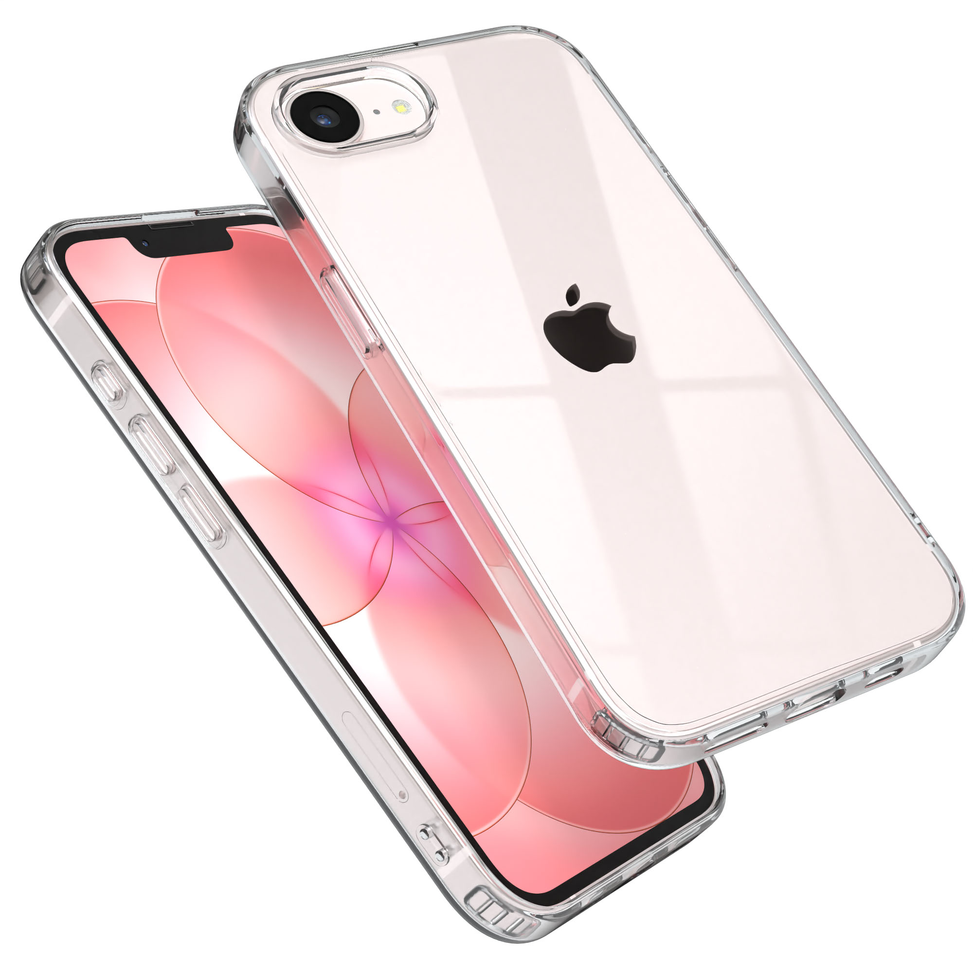 Zwei transparente Schutzhüllen für iPhones nebeneinander, eine davon geöffnet.
