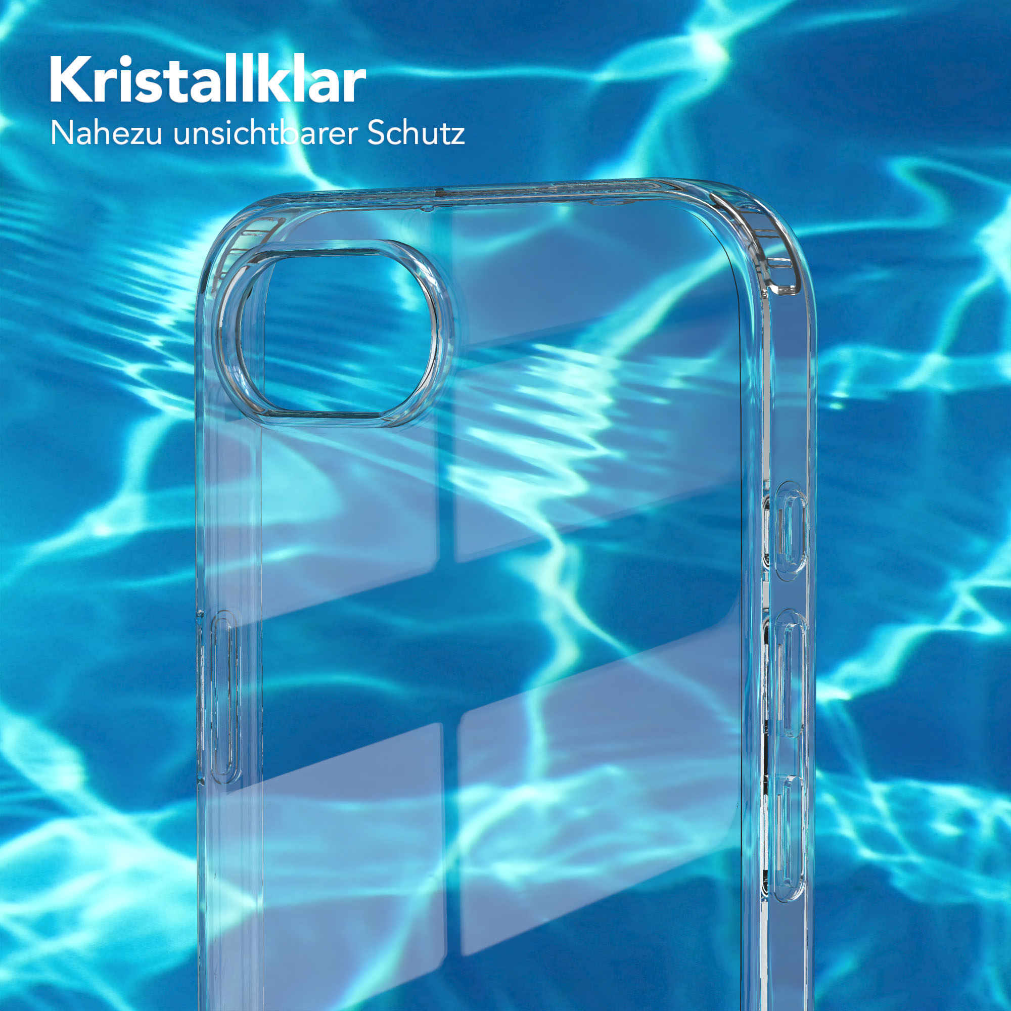 Ein transparenter Handyhülle-Rand vor einem blauen Hintergrund mit Wasserreflexionen.