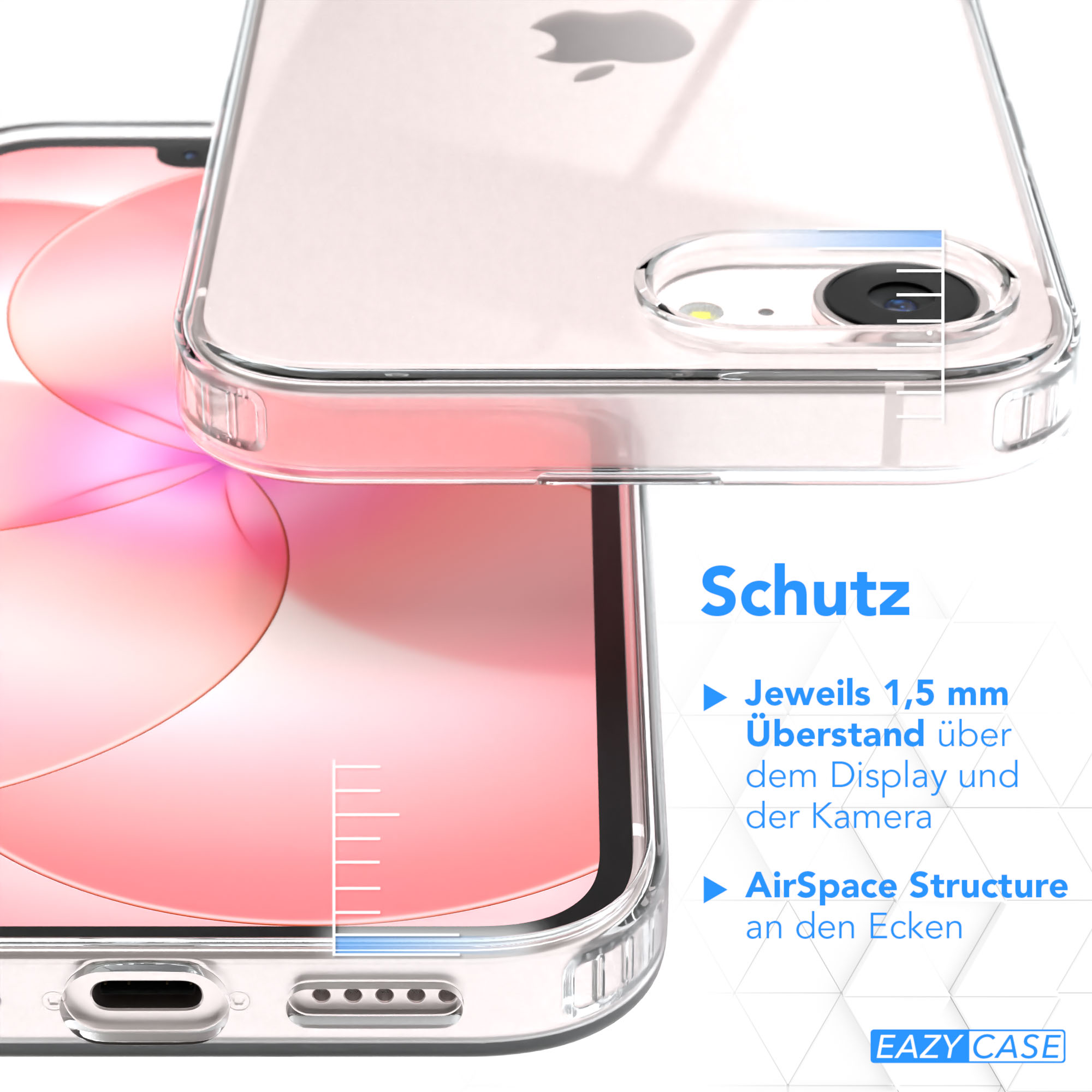 Transparente Handyhülle mit Schutzangaben und Logo.