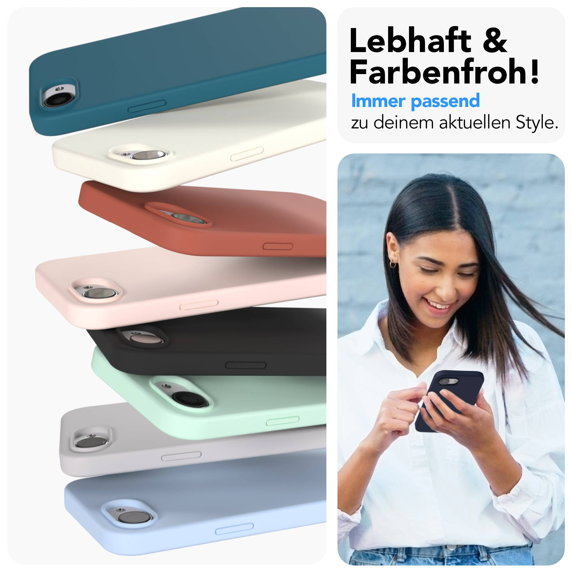 Mehrere Handyhüllen in verschiedenen Farben gestapelt, daneben eine Frau mit Handy.
