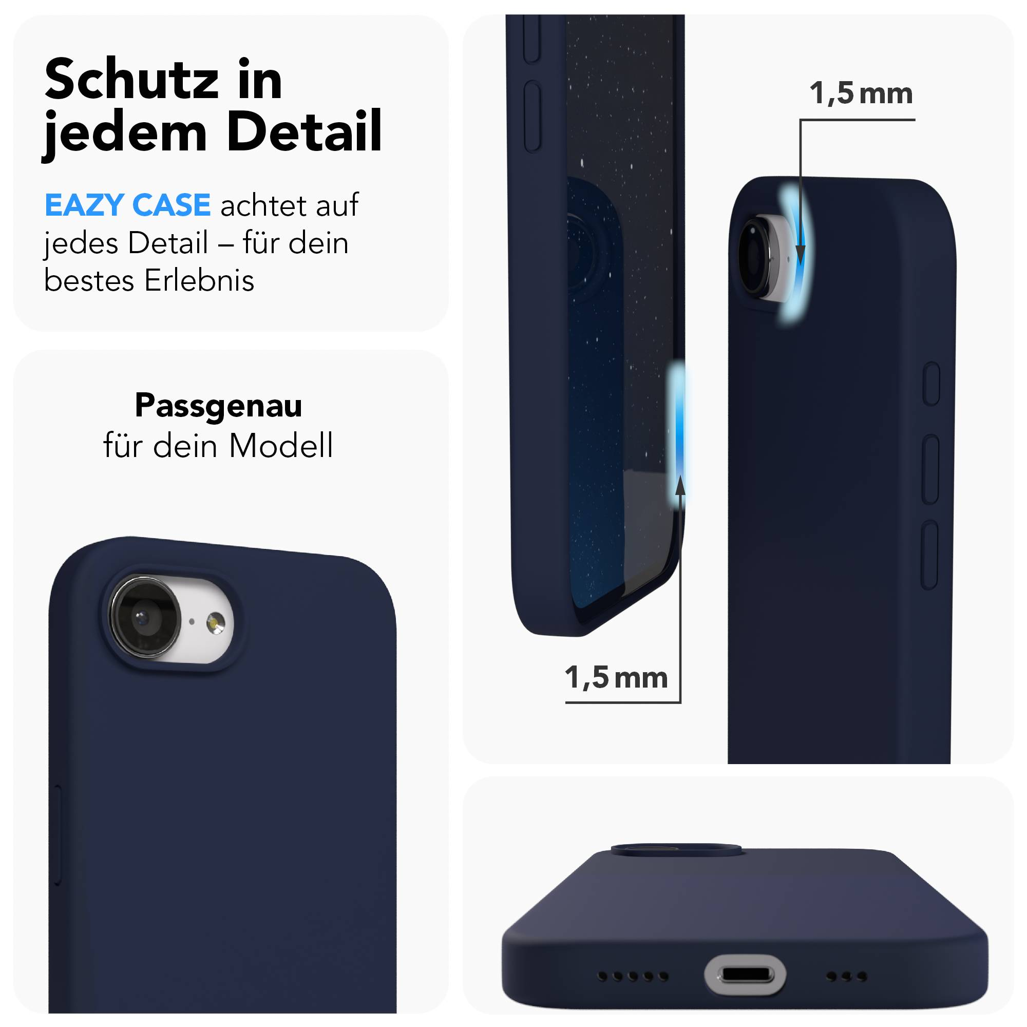 Dunkelblaue Handyhülle zeigt Details und 1,5mm Dicke.