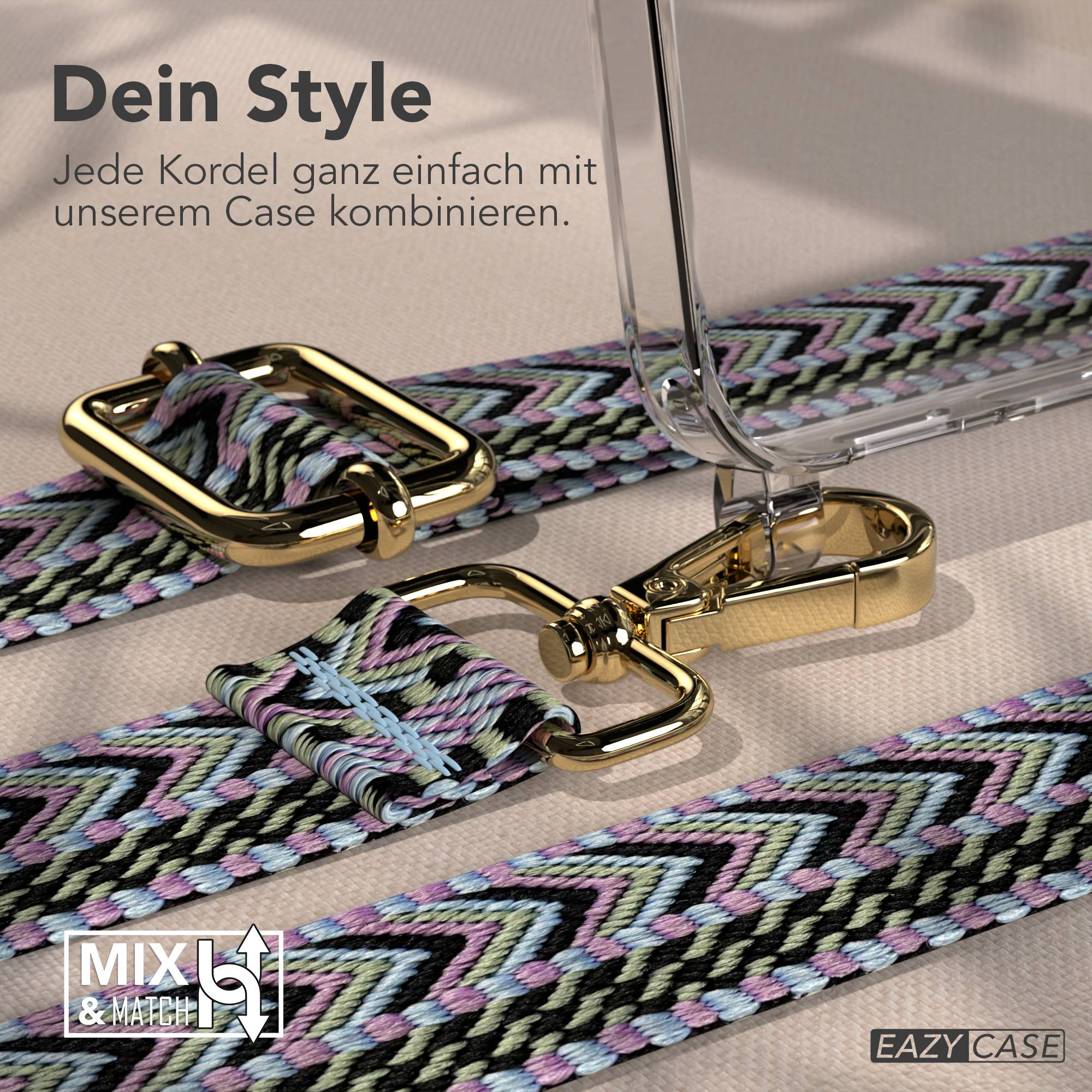 Ein gemustertes Band mit goldenen Schnallen und einer transparenten Handyhülle.