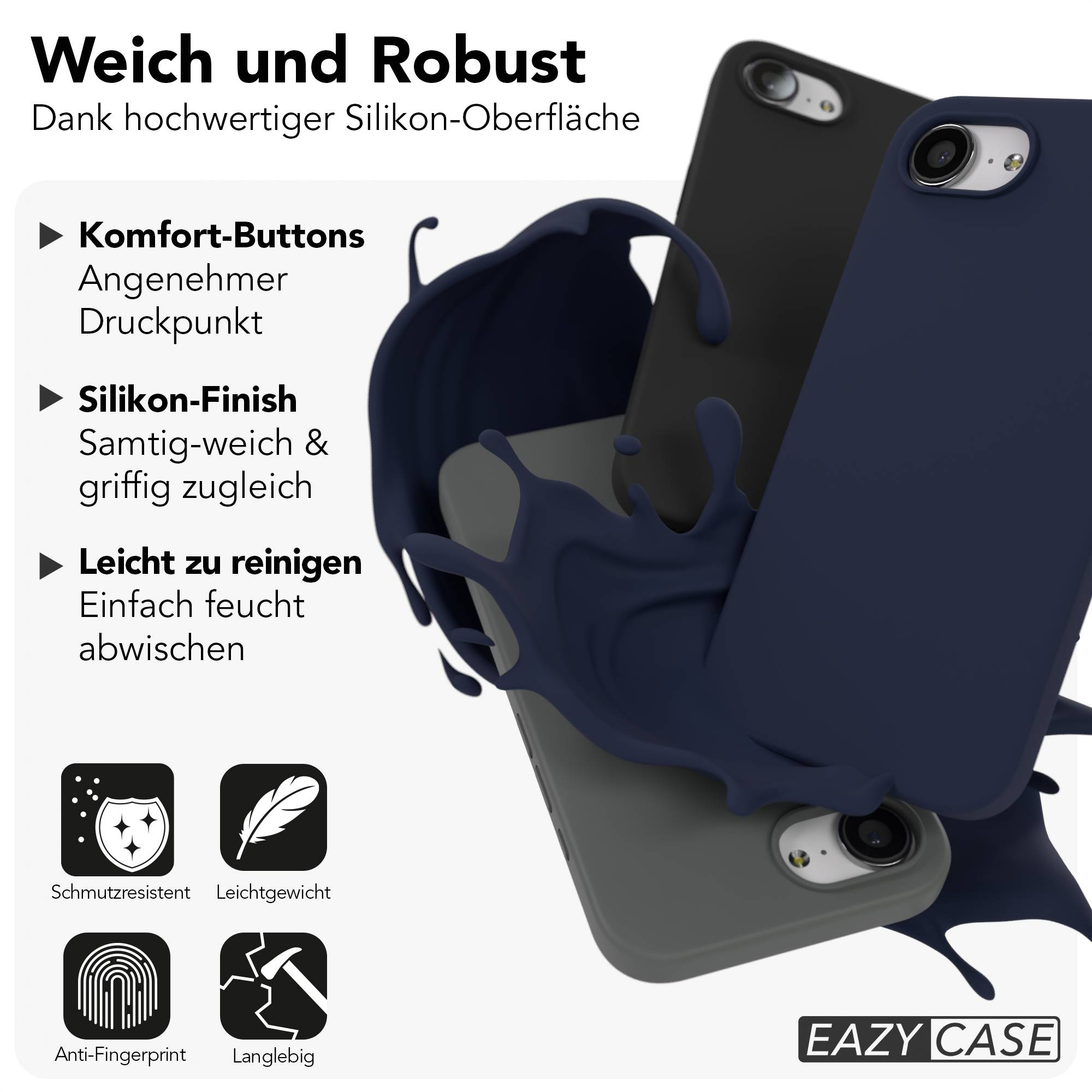 Drei Handyhüllen in dunkelblau und grau, mit Silikonspritzern. Vier Icons zeigen Funktionen.