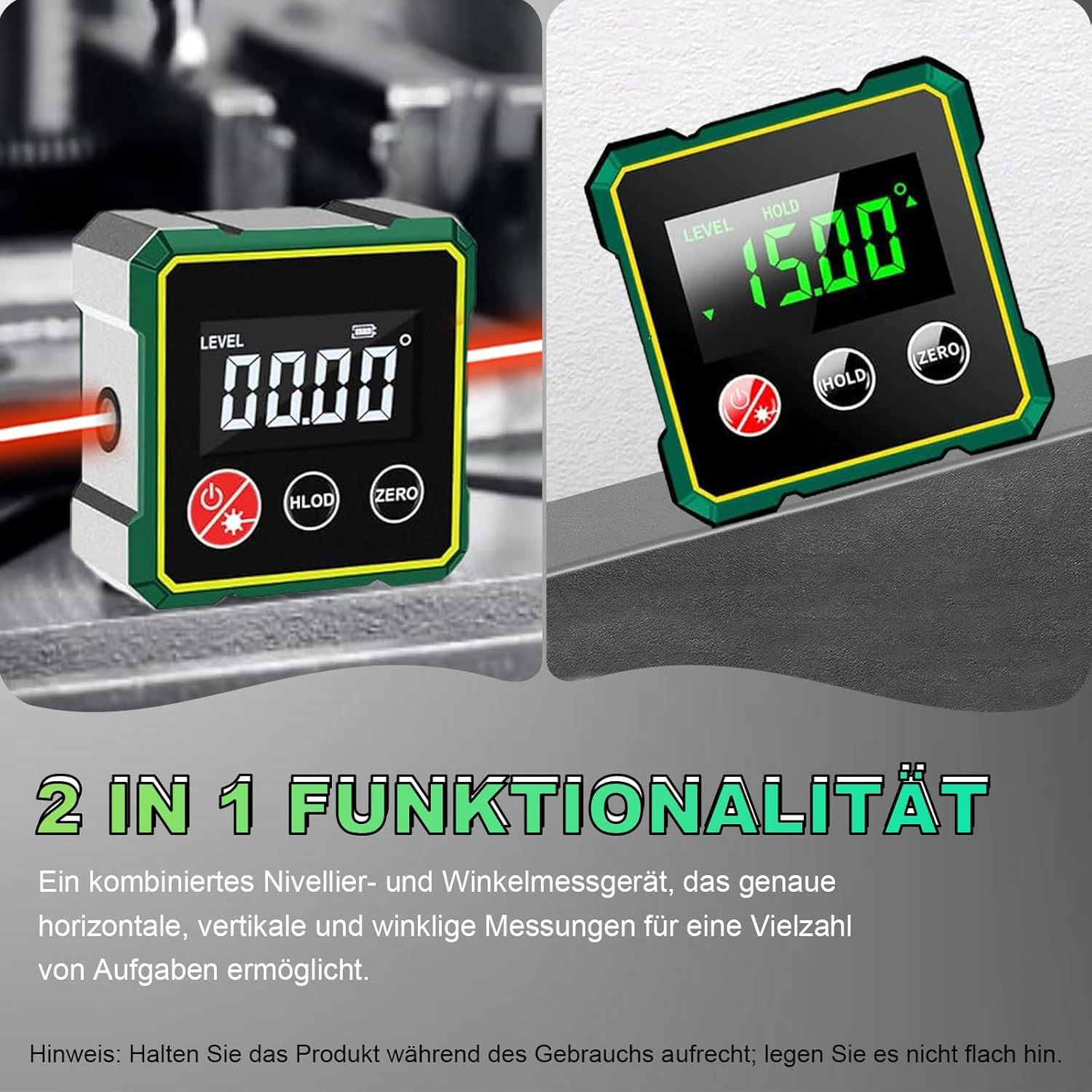 Zwei digitale Winkelmesser mit roten Laserlinien zeigen 00.00 und 15.00 Grad.