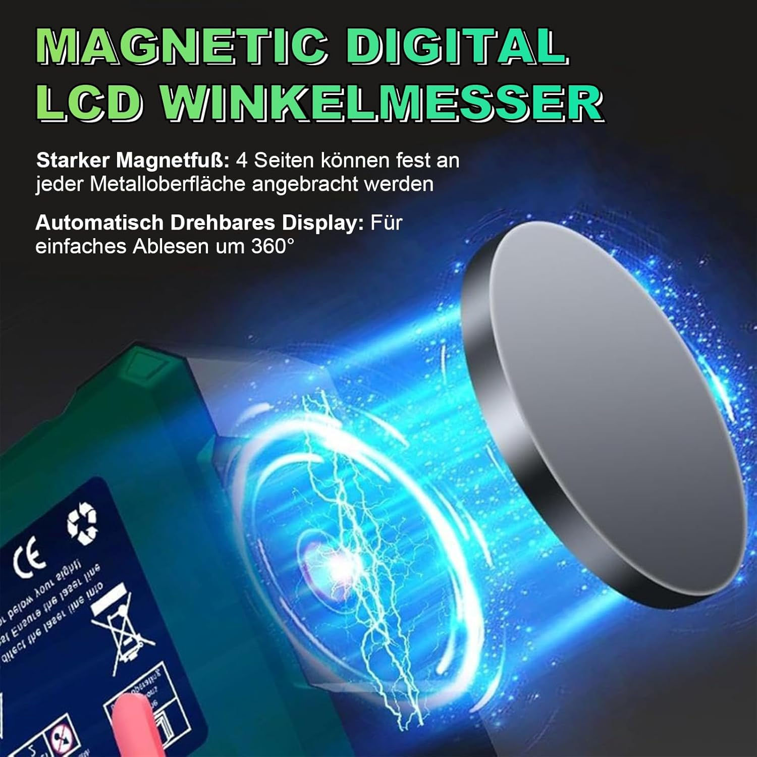 Digitaler Winkelmesser mit Magnetfuß und drehbarem Display auf blauem Hintergrund.