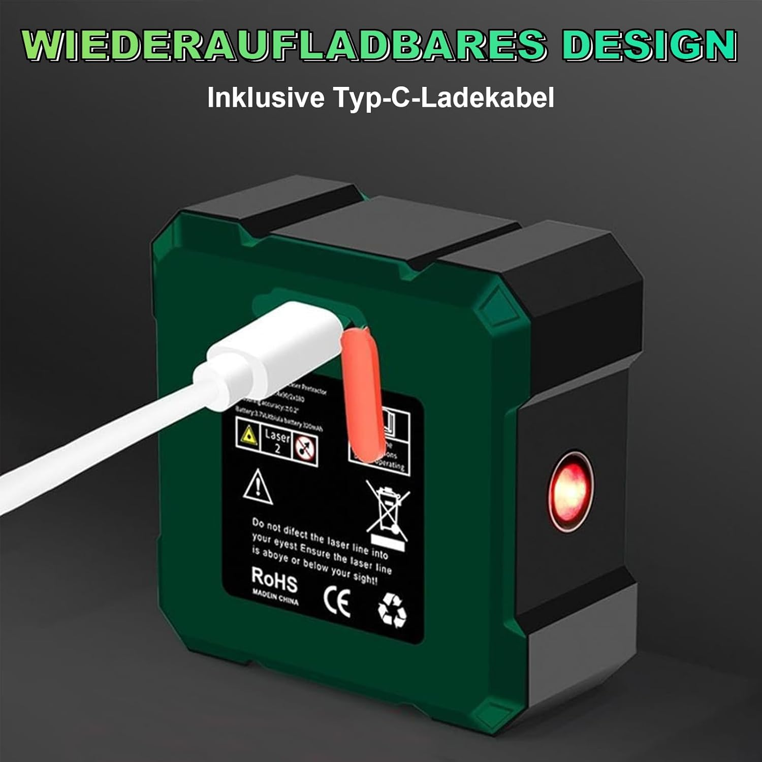 Grünes Gerät mit angeschlossenem USB-C-Kabel und rotem Lämpchen. Wiederaufladbares Design.
