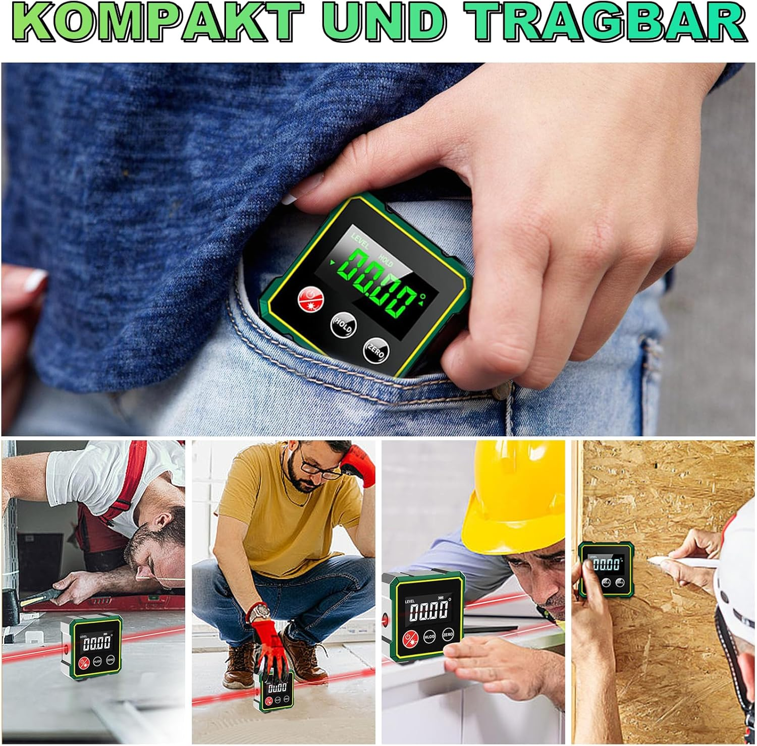 Ein kompakter digitaler Winkelmesser wird in eine Hosentasche gesteckt. Vier Szenen zeigen seine Anwendung.