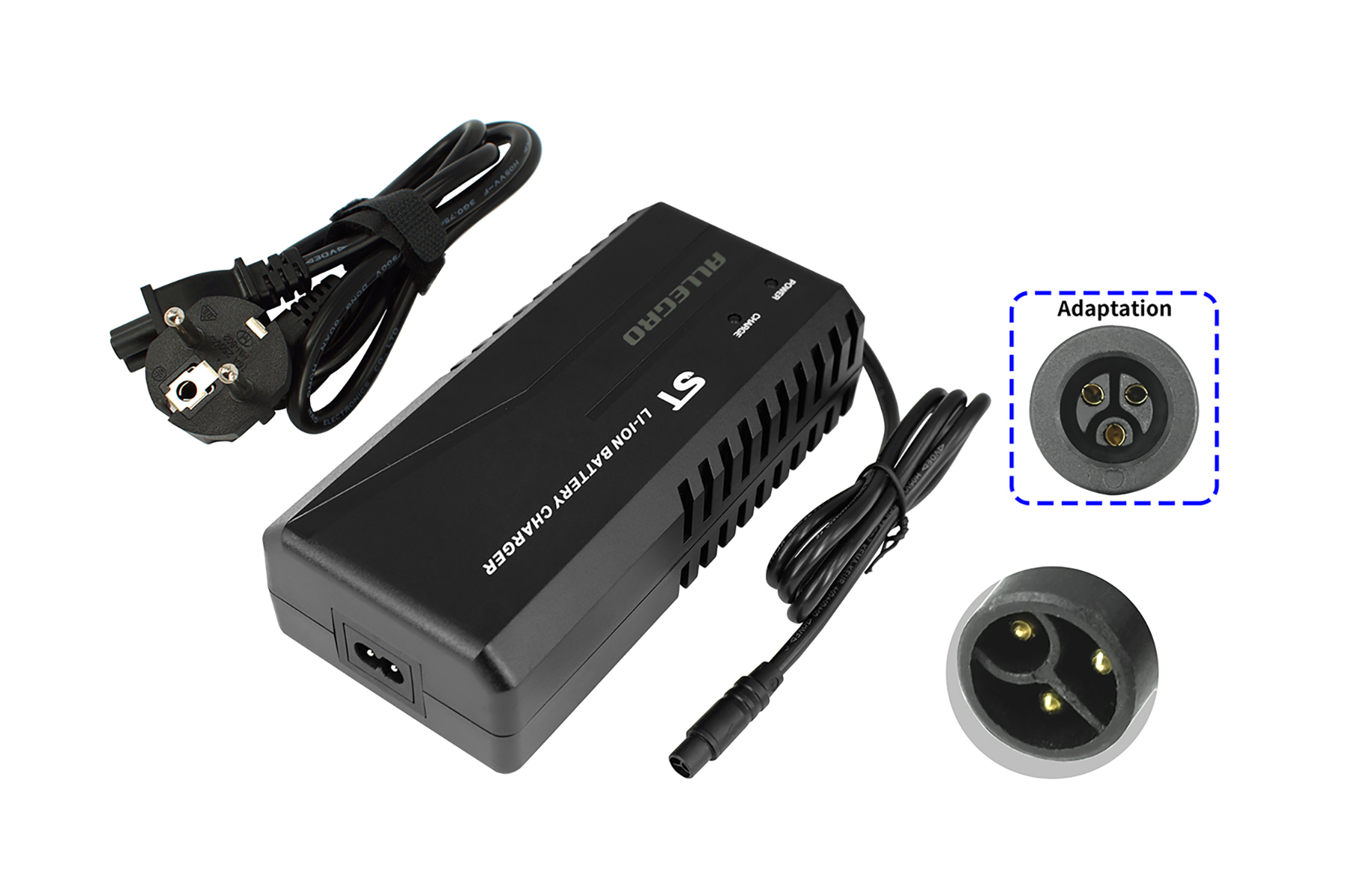Schwarzes Ladegerät mit Netzkabel, Ladekabel und zwei verschiedenen Steckverbindern.