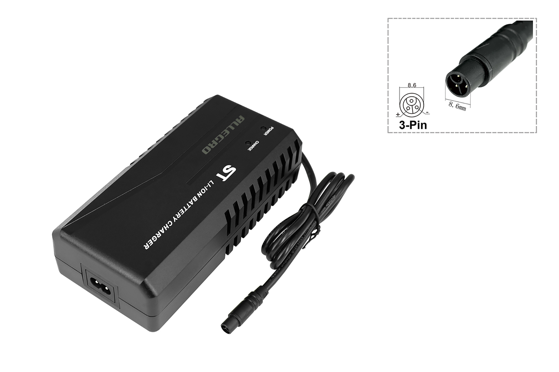 Schwarzes Allegro ST Li-Ionen-Ladegerät mit Strom- und Lade-LEDs. Inklusive 3-Pin-Anschluss.