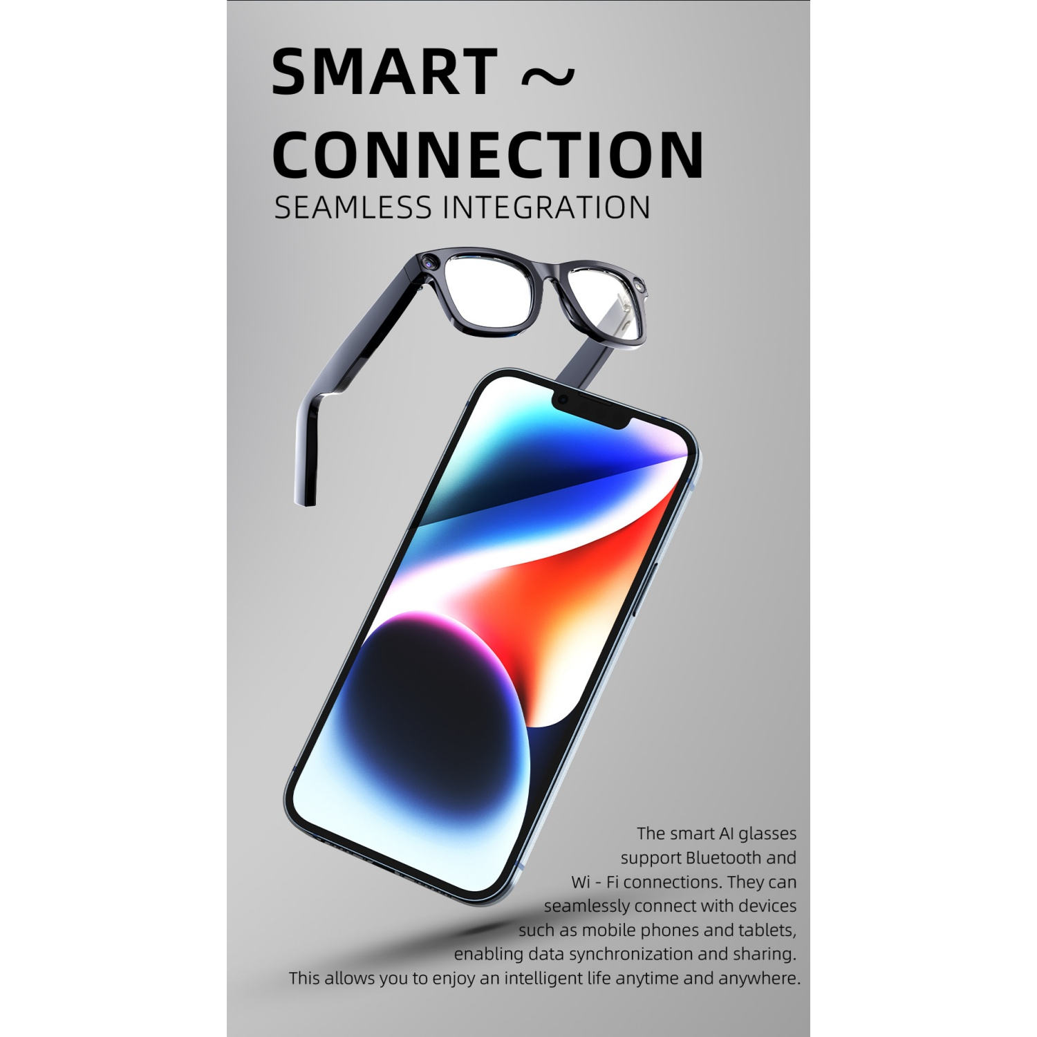 Schwarze KI-Brille und Smartphone auf grauem Hintergrund mit Text.