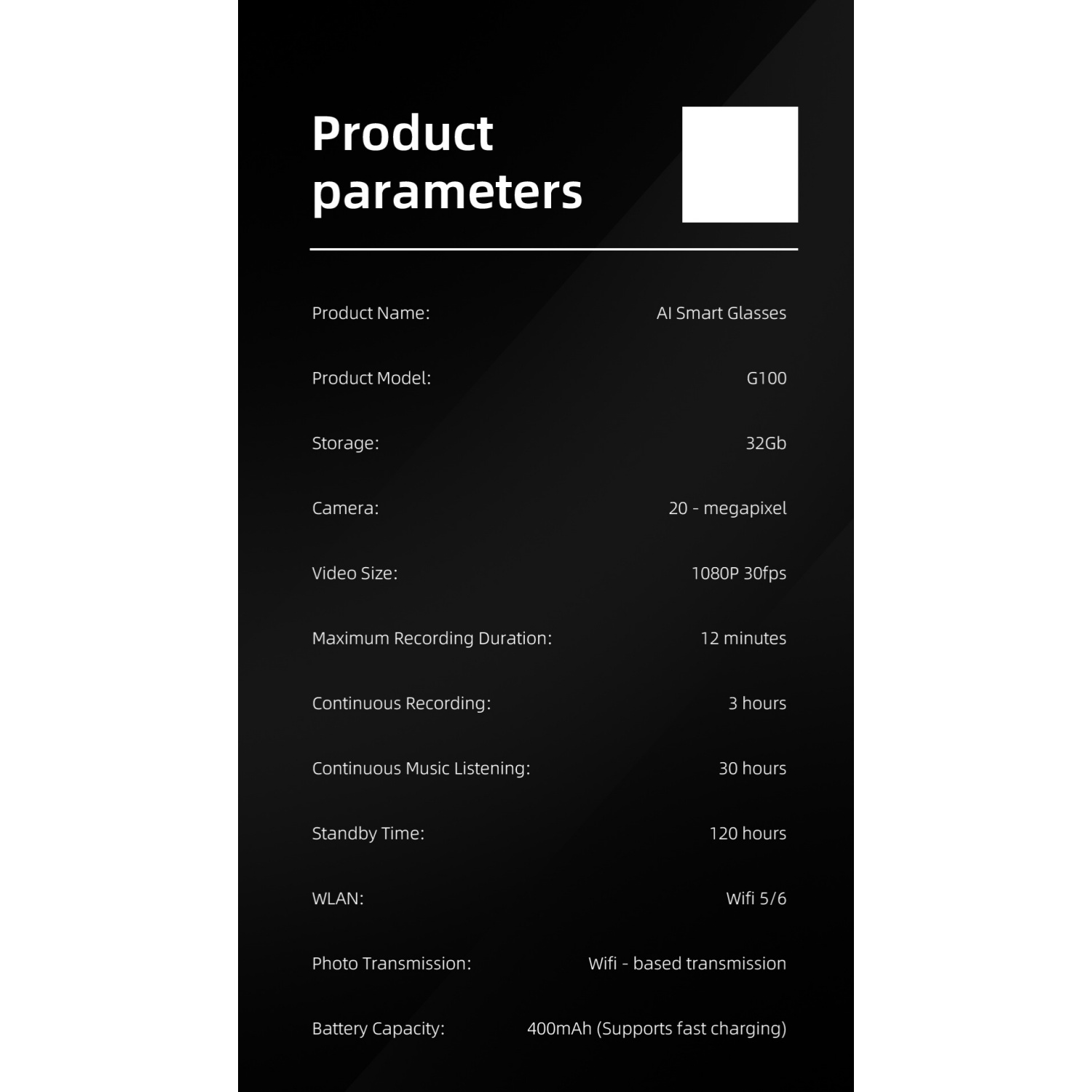 Produktparameter: KI-Smartbrille, G100, 32 GB Speicher, 20 MP Kamera.