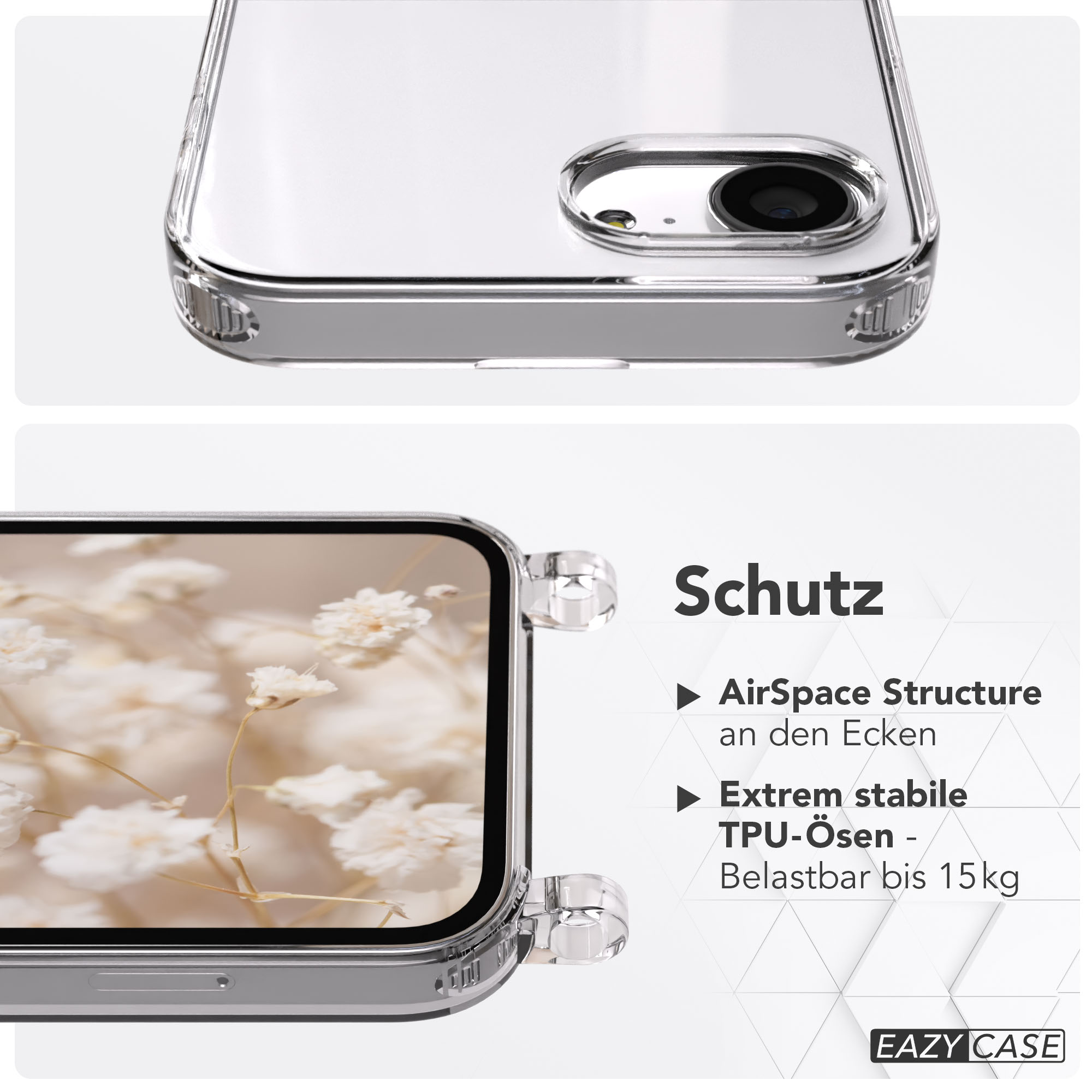 Transparente Handyhülle mit Nahaufnahme der Ecken und Blumenmotiv.