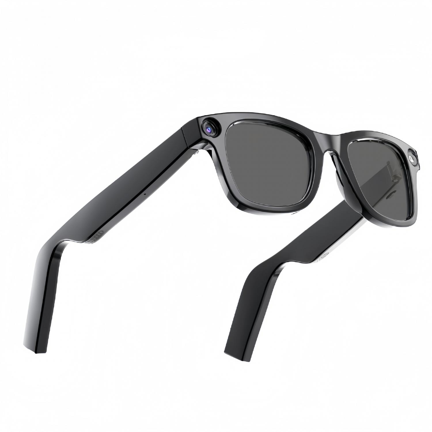Schwarze Sonnenbrille mit Kameras an den Bügeln, auf weißem Hintergrund.
