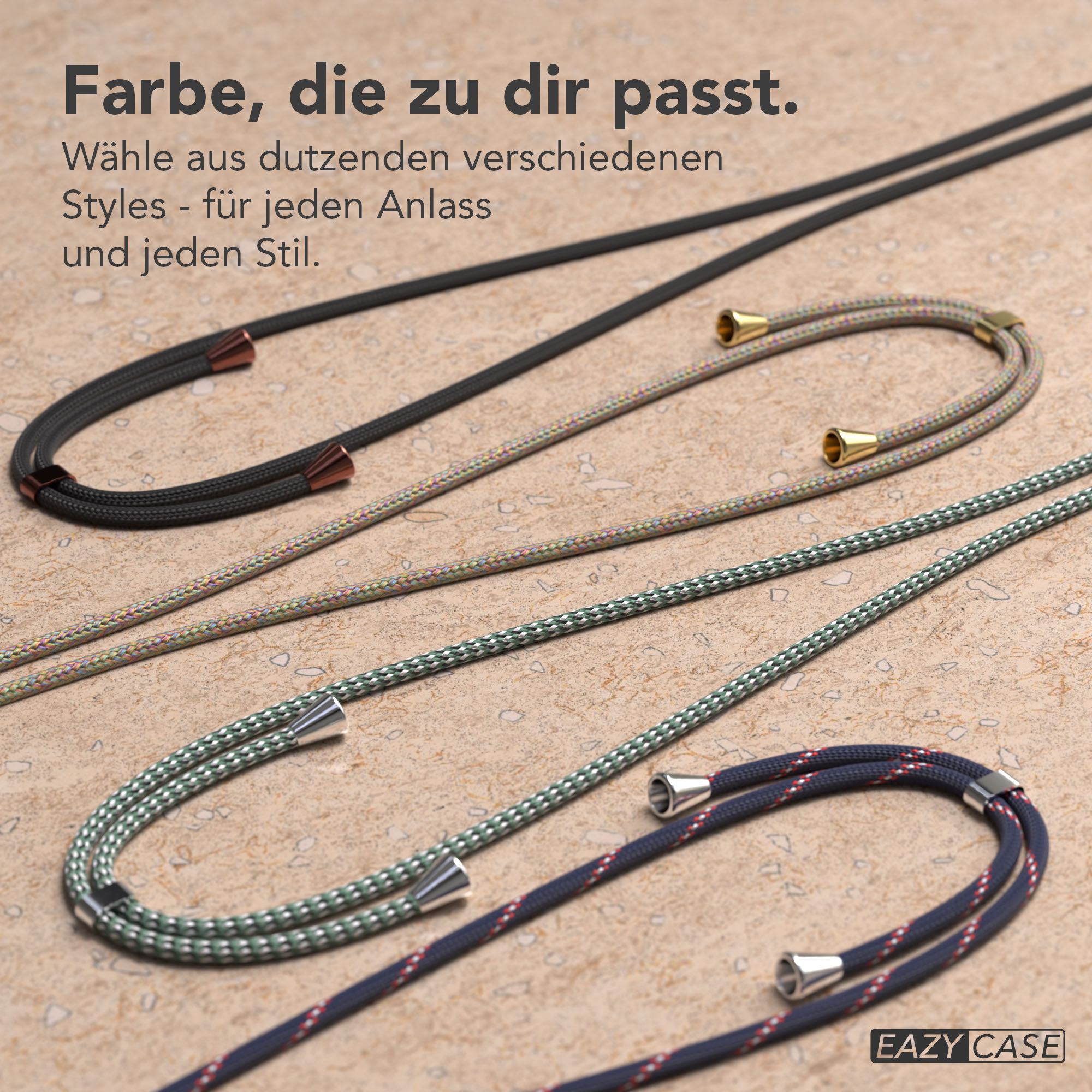 Vier geflochtene Kordeln in verschiedenen Farben und Mustern mit Metallenden.