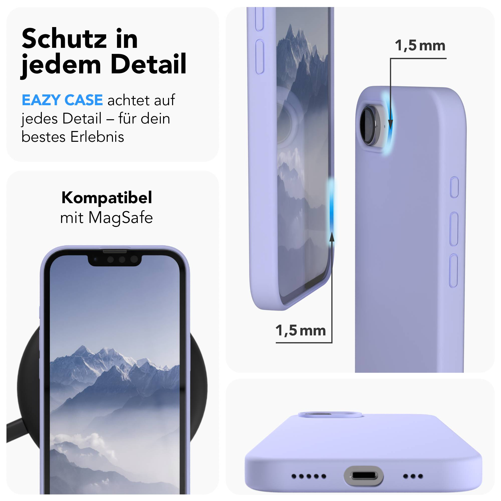Lavendelfarbene Handyhülle zeigt 1,5mm Dicke und MagSafe-Kompatibilität.