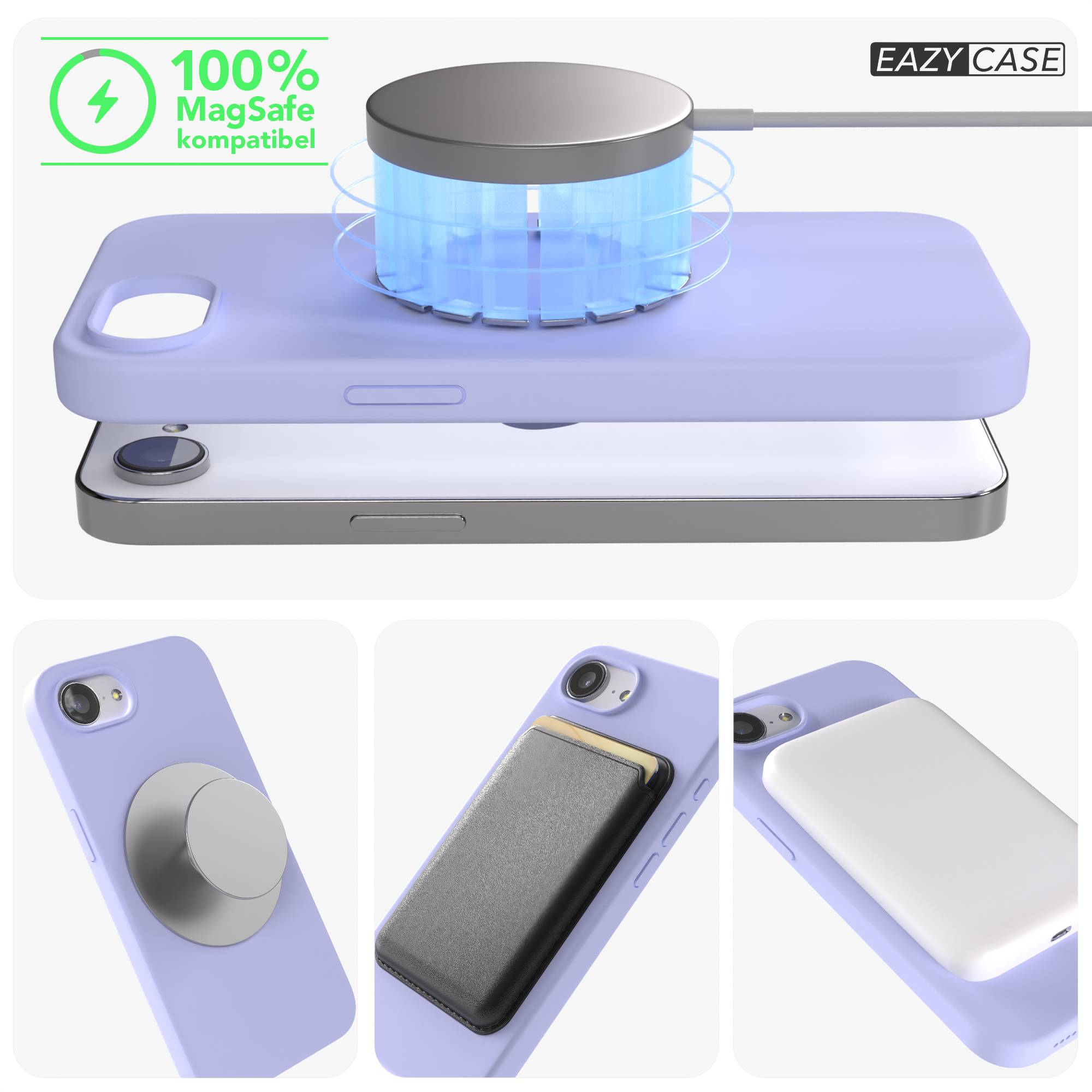 Ein lila iPhone-Case mit MagSafe-Ladegerät, Kartenhalter und Powerbank.