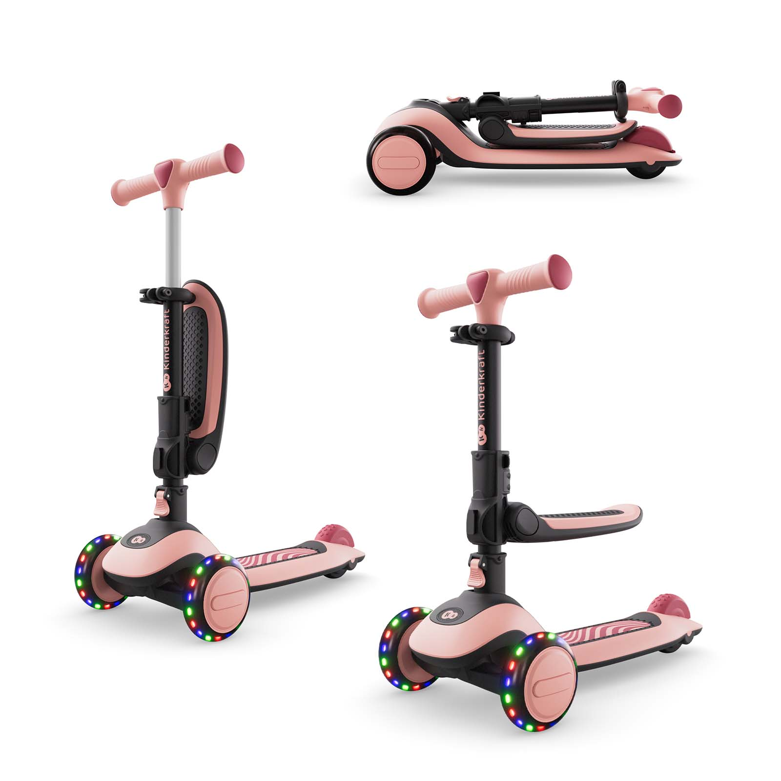 Ein rosafarbener Roller mit drei Rädern und Lichtern, der zusammengeklappt ist.