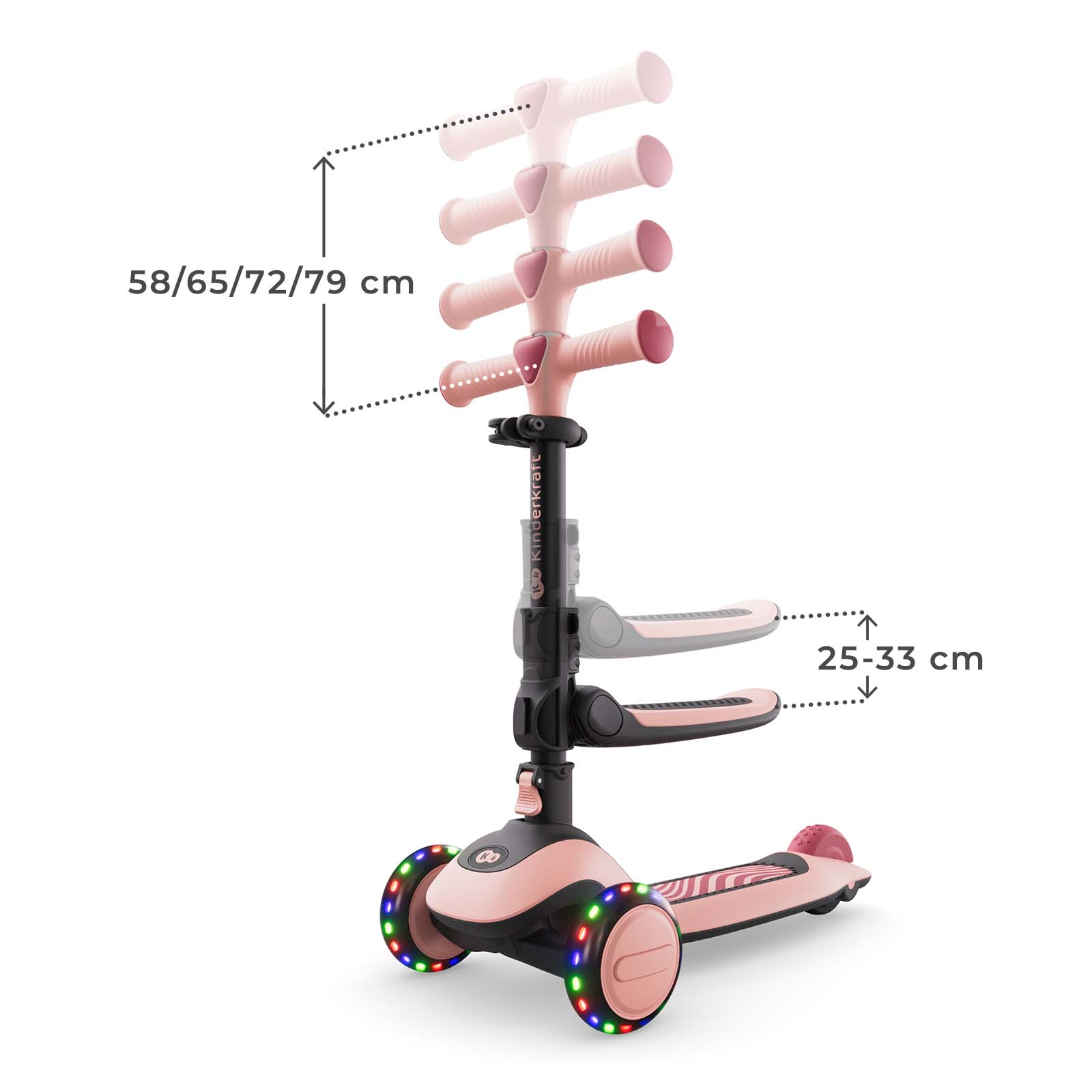 Ein rosafarbener Roller mit Lichtern an den Rädern und verstellbarer Höhe.