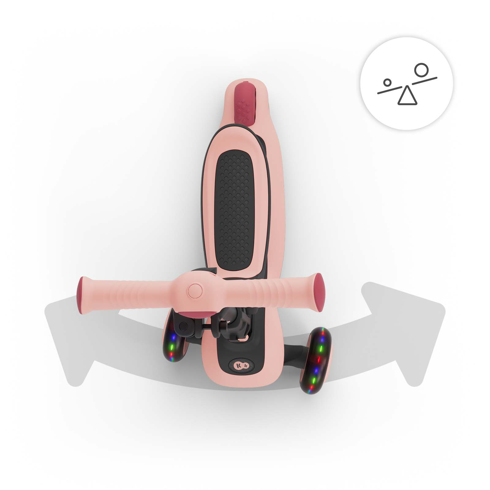 Ein rosafarbener Roller mit Lichtern an den Rädern und einem Gleichgewichtssymbol.