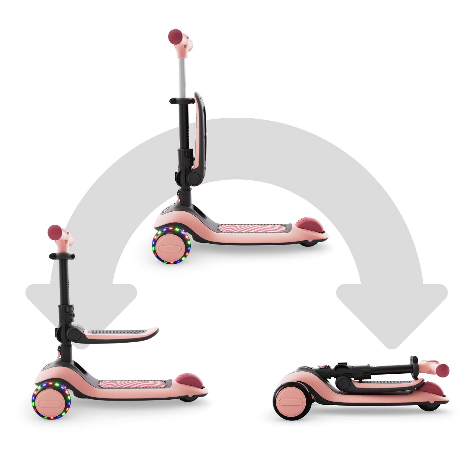 Ein rosafarbener Roller mit drei Rädern, der sich zusammenklappen lässt.