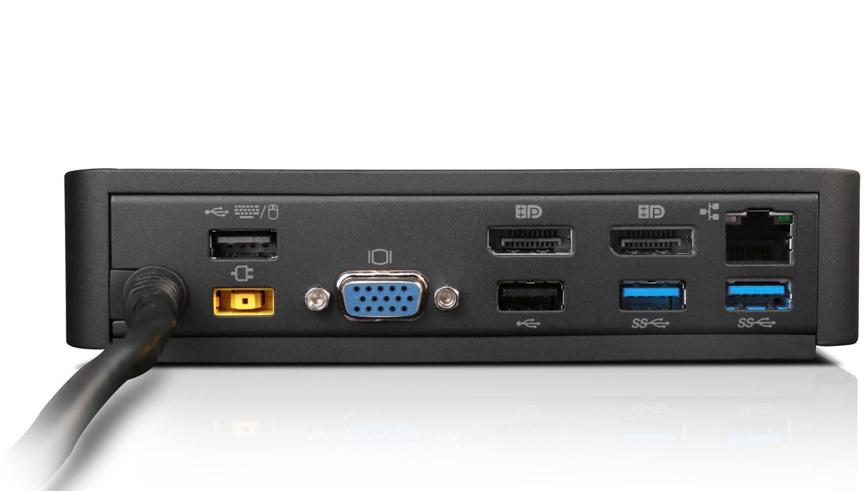 Rückseite einer schwarzen Dockingstation mit Anschlüssen: USB, VGA, HDMI, Ethernet, USB-A.