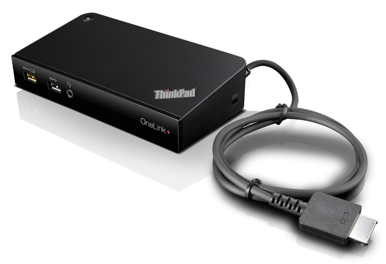 Schwarzes Lenovo ThinkPad OneLink+ Dock mit Kabel und Stecker.
