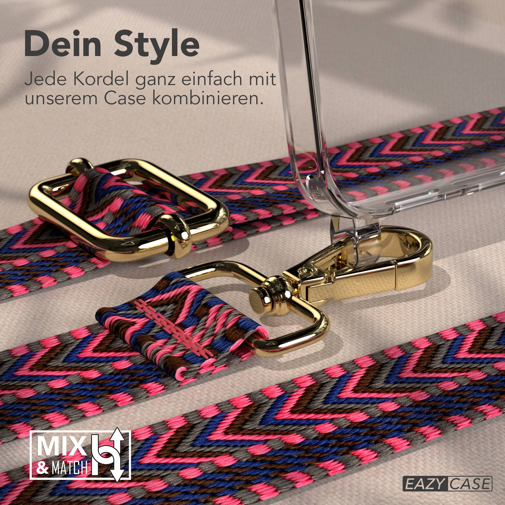 Ein stylischer, gemusterter Gurt mit goldenen Schnallen und einem transparenten Case.