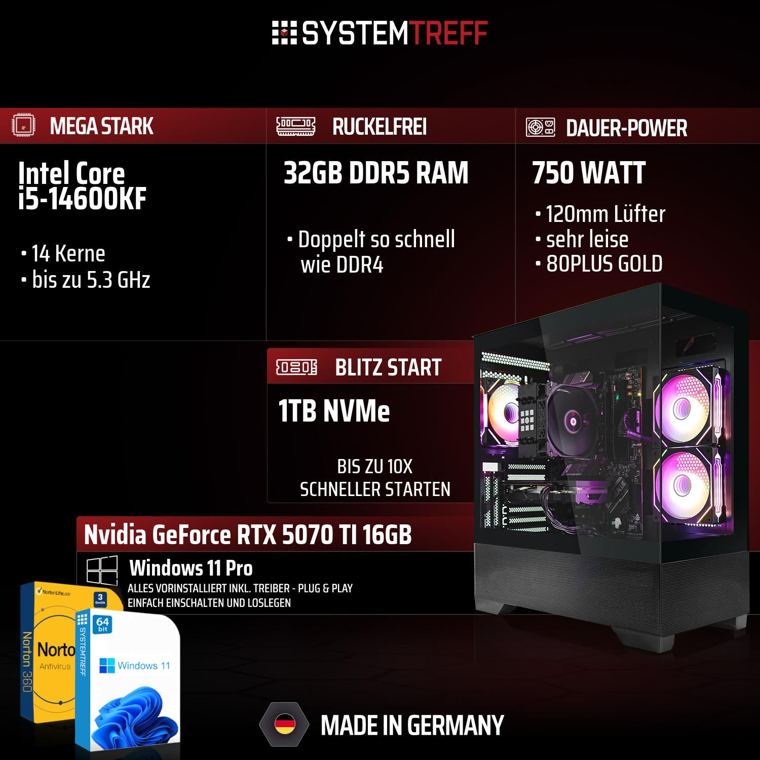 Gaming-PC mit Intel i5, 32GB DDR5 RAM, 1TB NVMe SSD, RTX 5070 Ti.