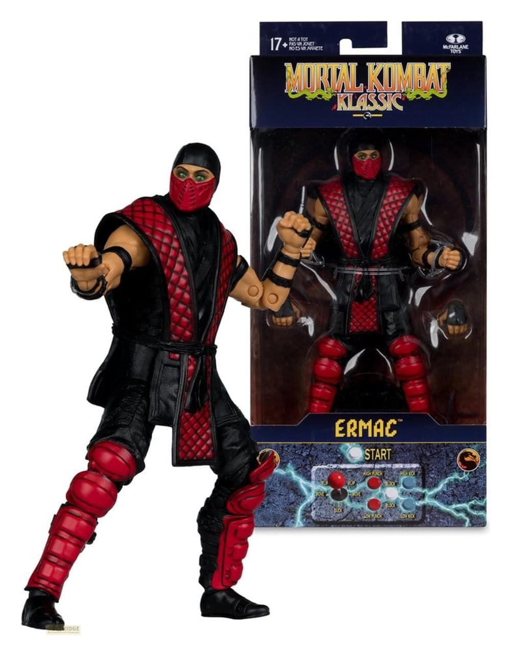 Eine Actionfigur von Ermac aus Mortal Kombat Klassik in Schwarz und Rot.