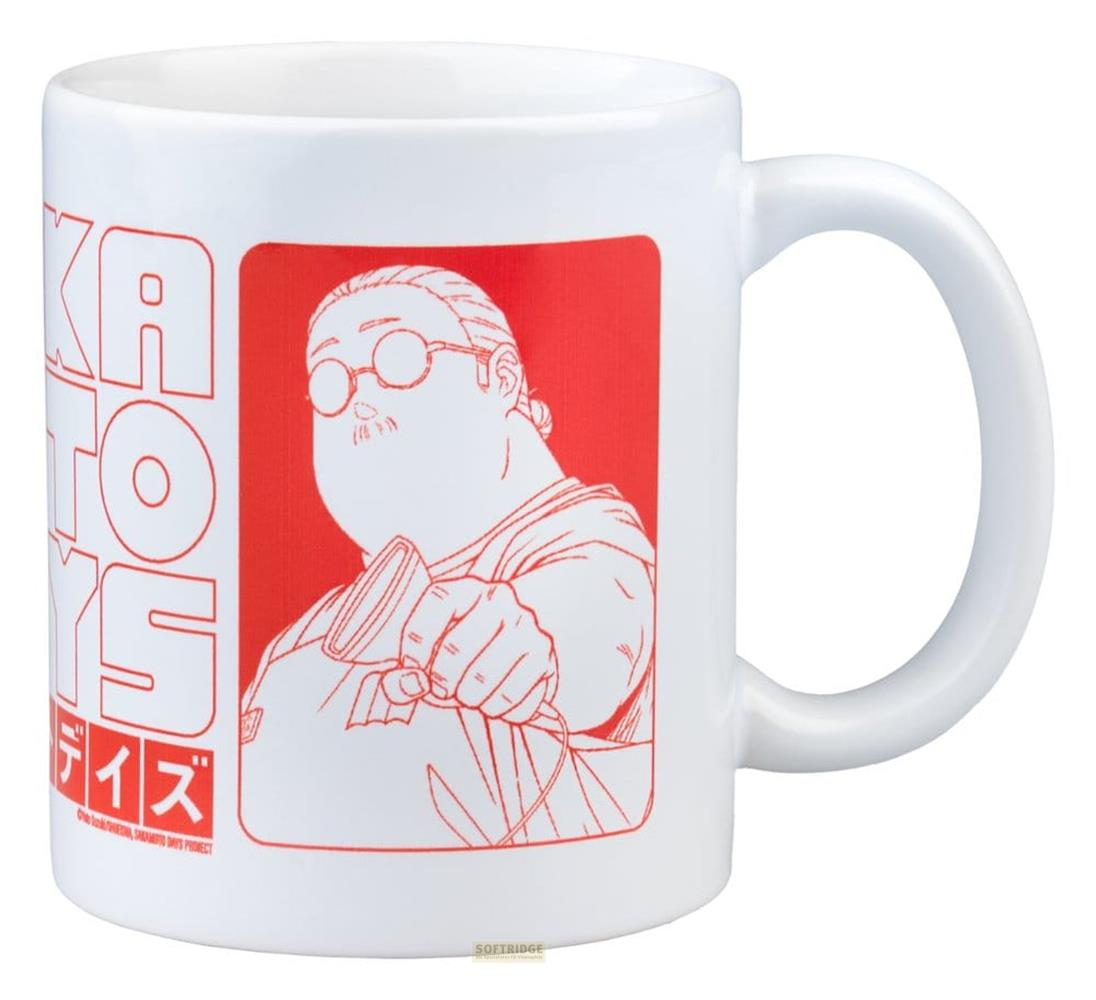 Taza blanca con gráfico rojo de un hombre con gafas señalando hacia adelante.