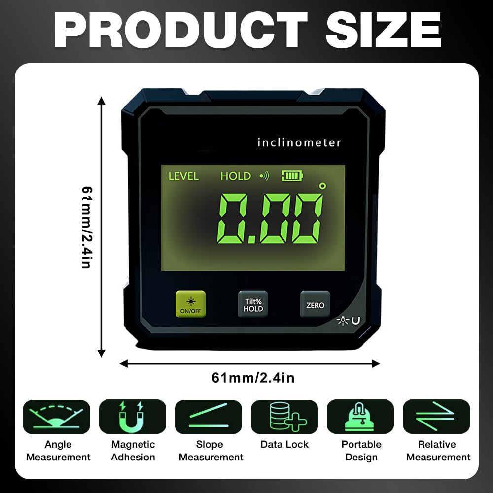 Ein digitales Neigungsmessgerät, 61x61mm, mit beleuchtetem Display und Tasten.