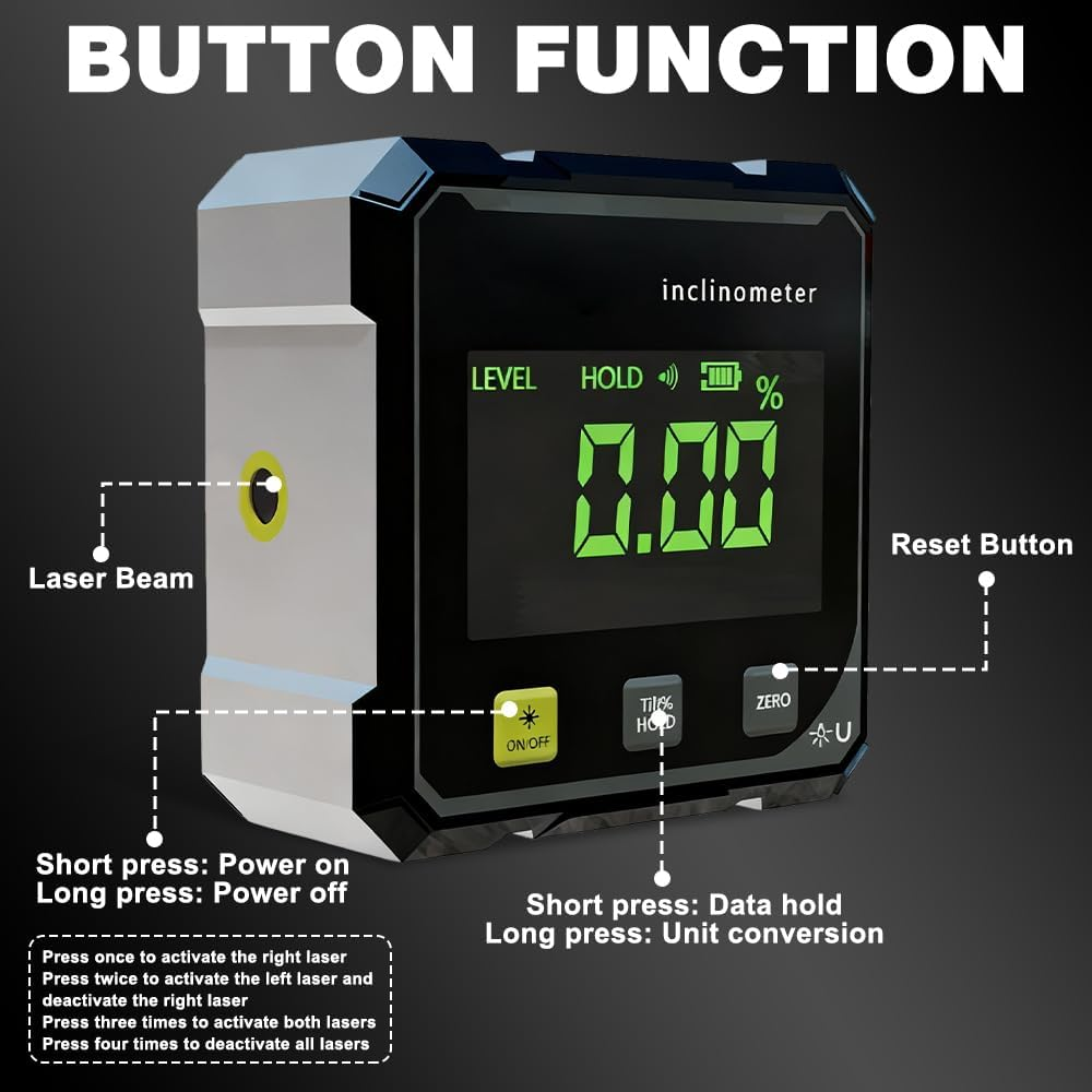 Ein digitales Inclinometer mit einem grünen LCD-Display, das "0.00" anzeigt.