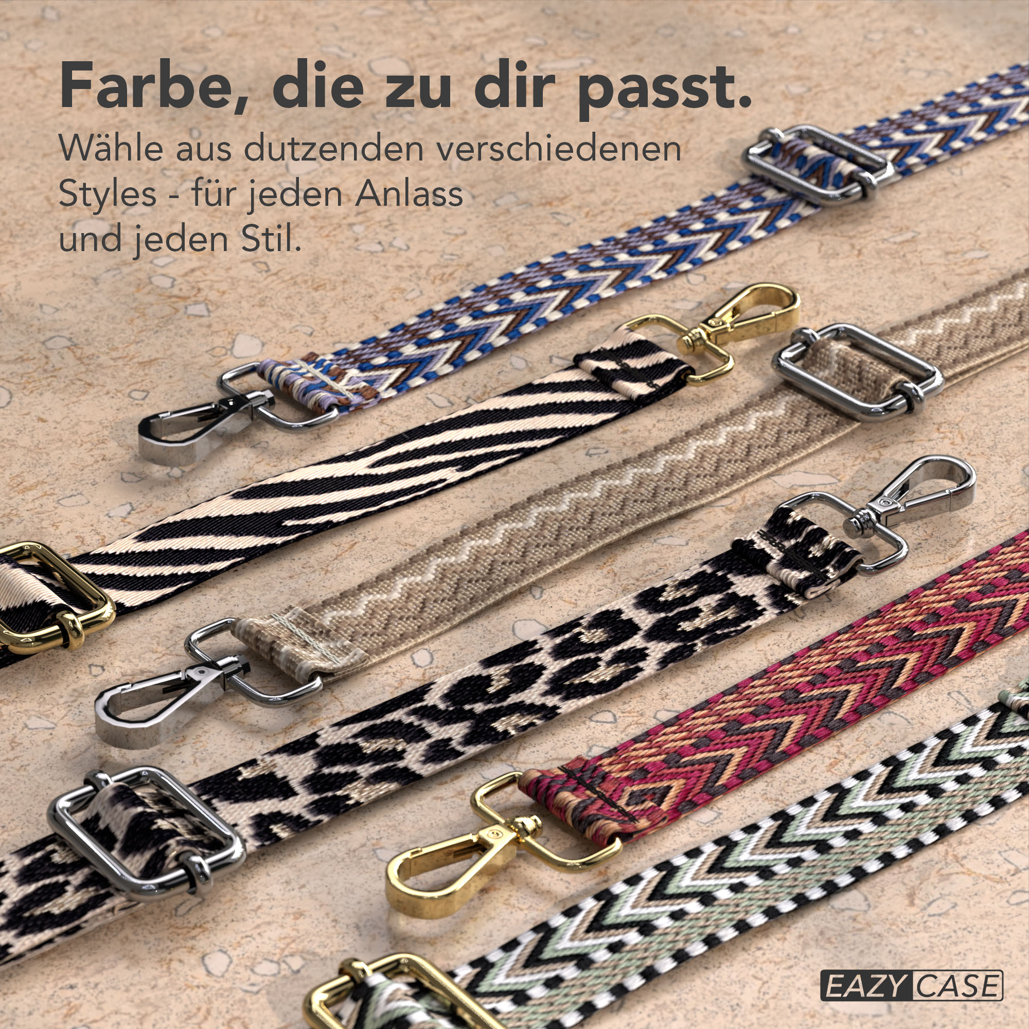 Mehrere Taschenriemen mit Mustern wie Zickzack, Zebra, Leopard.