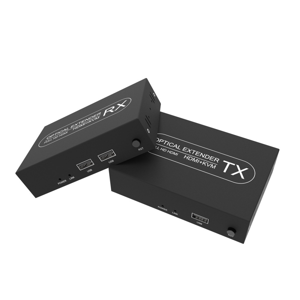 Zwei schwarze Boxen mit der Bezeichnung RX und TX für optische HDMI-Extender. Beide haben USB-Anschlüsse.