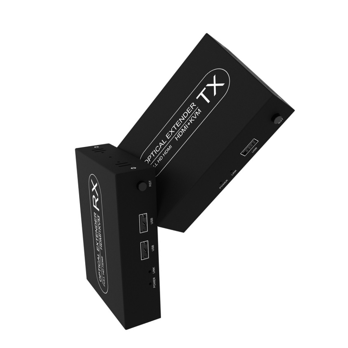 Zwei schwarze HDMI+KVM-Extender-Boxen, RX und TX, mit USB-Anschlüssen.