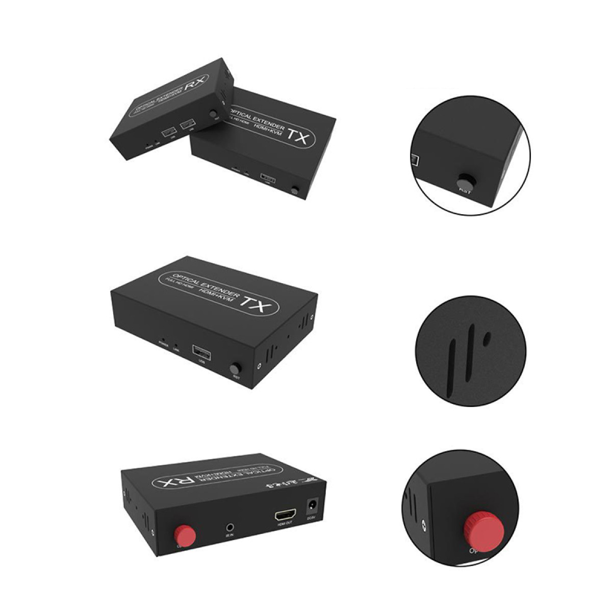Zwei schwarze optische HDMI-KVM-Extender-Boxen mit TX- und RX-Beschriftungen.