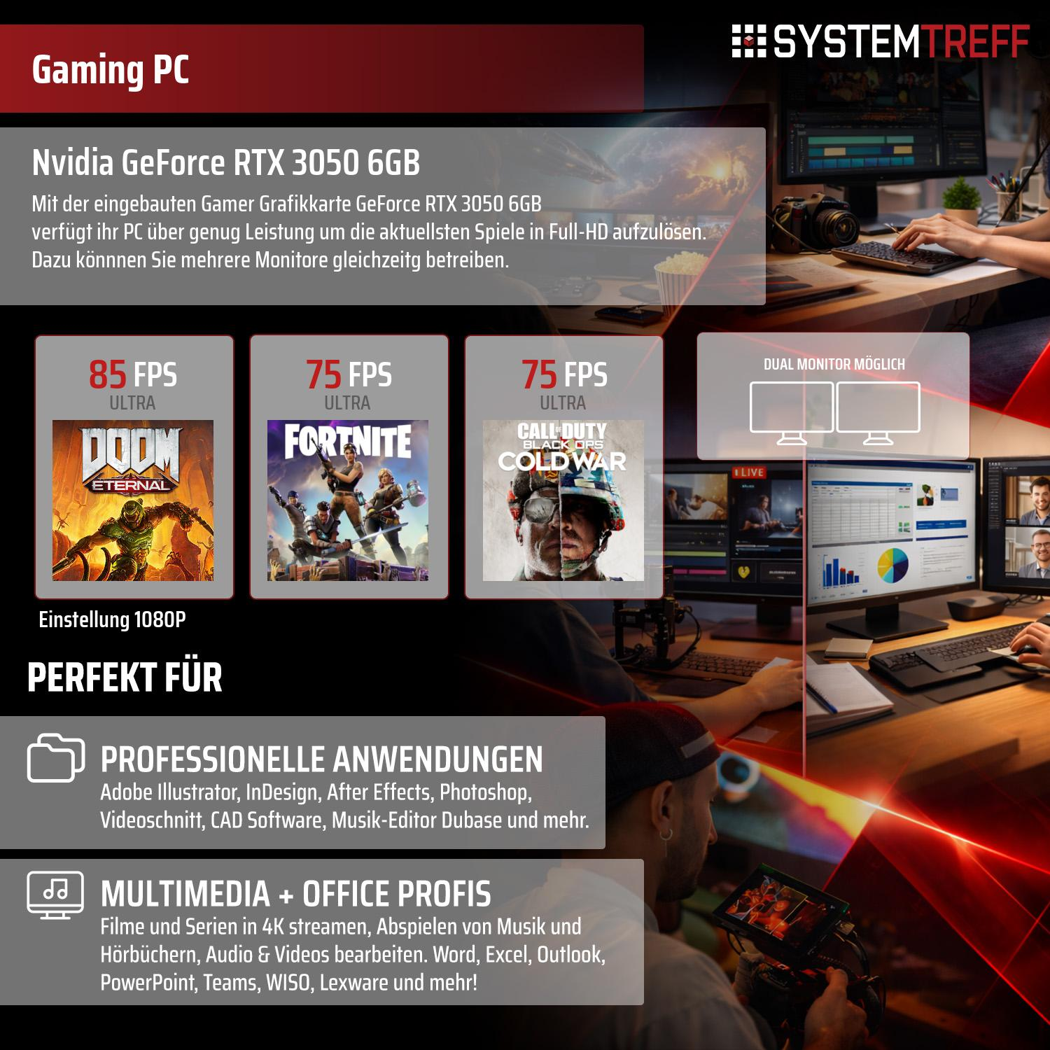 Gaming-PC mit Nvidia GeForce RTX 3050 6GB für Full-HD-Spiele.