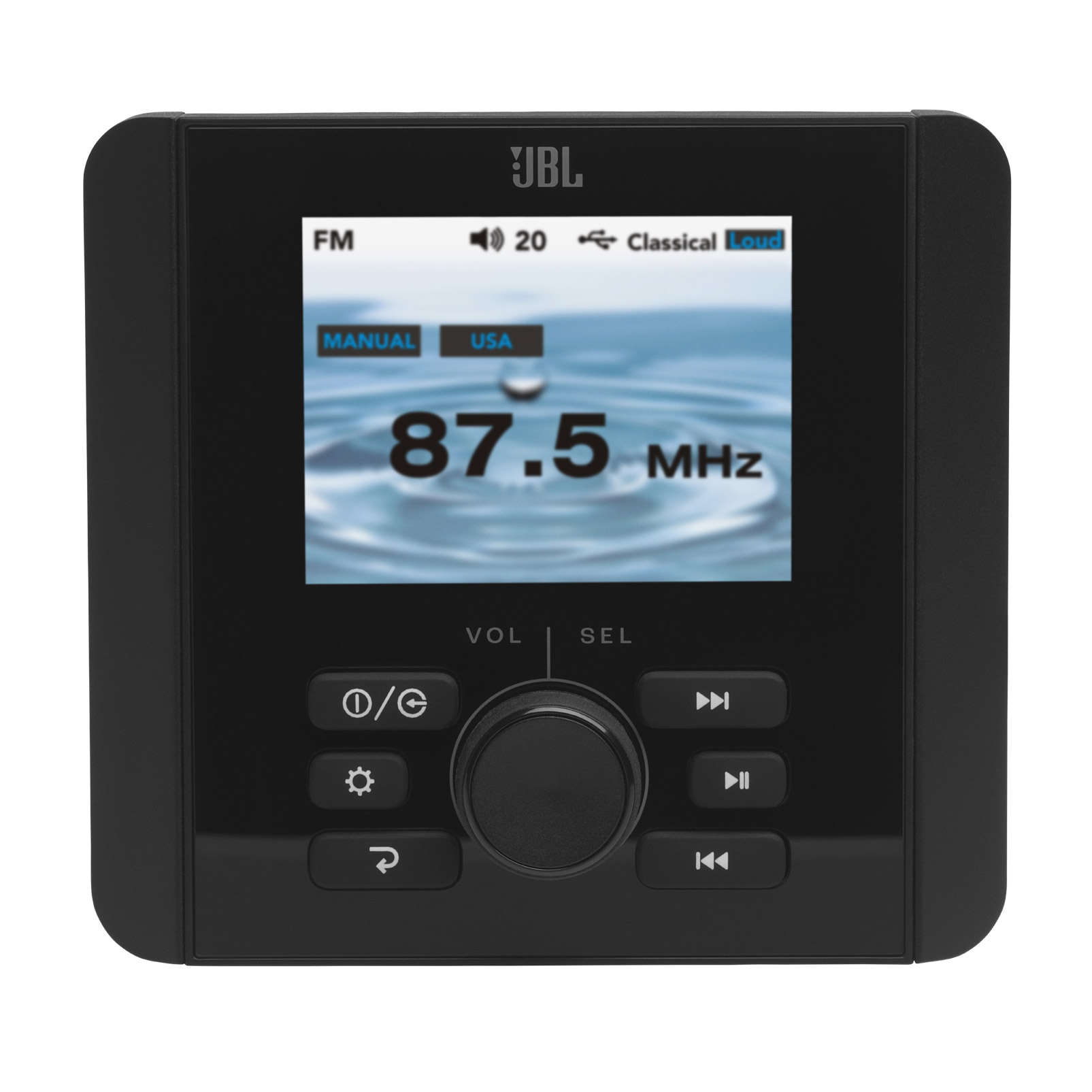 Schwarzes JBL Radio mit FM 87.5 MHz Anzeige, Tasten und Drehregler.