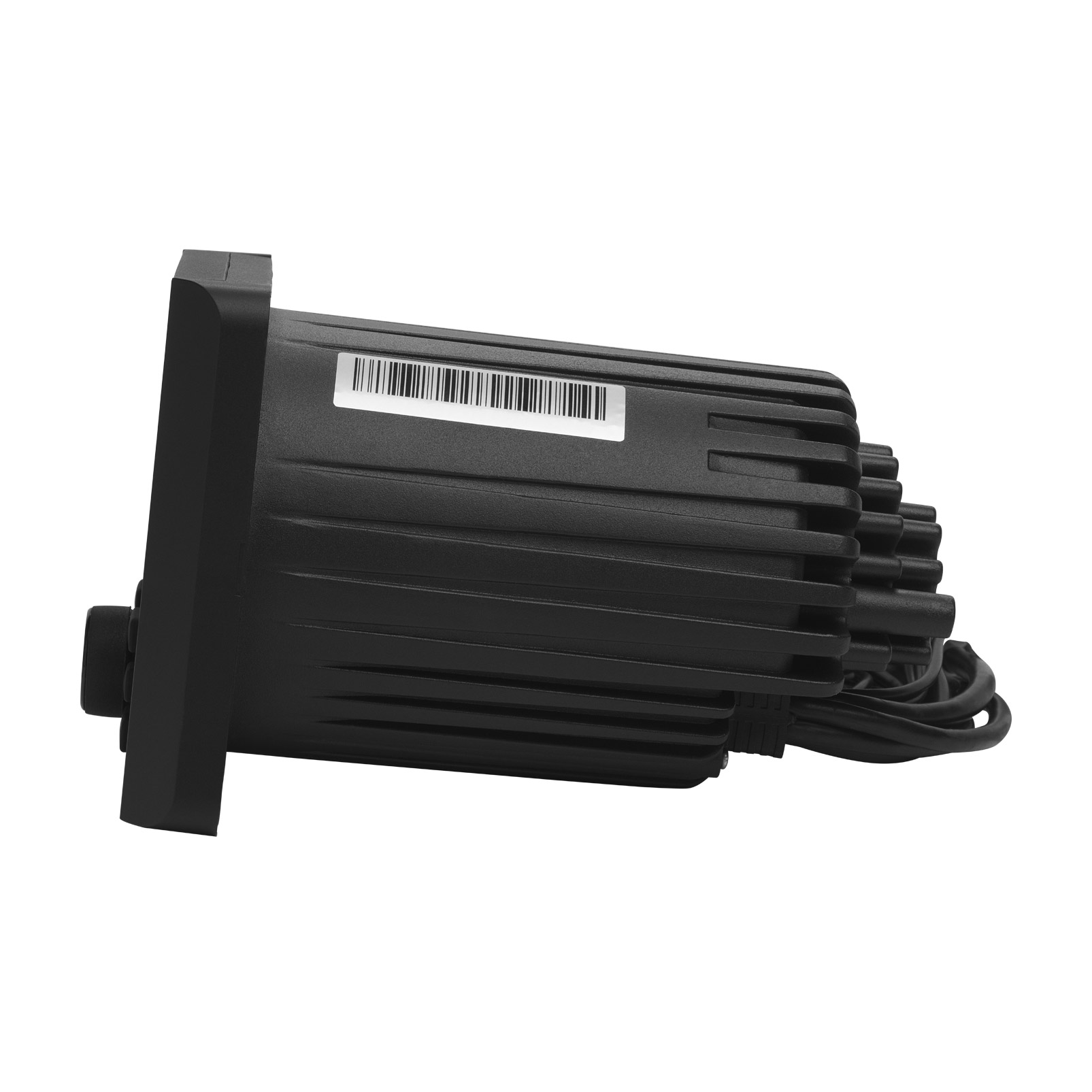 Schwarzes elektronisches Gerät mit Kühlrippen und Barcode-Etikett.
