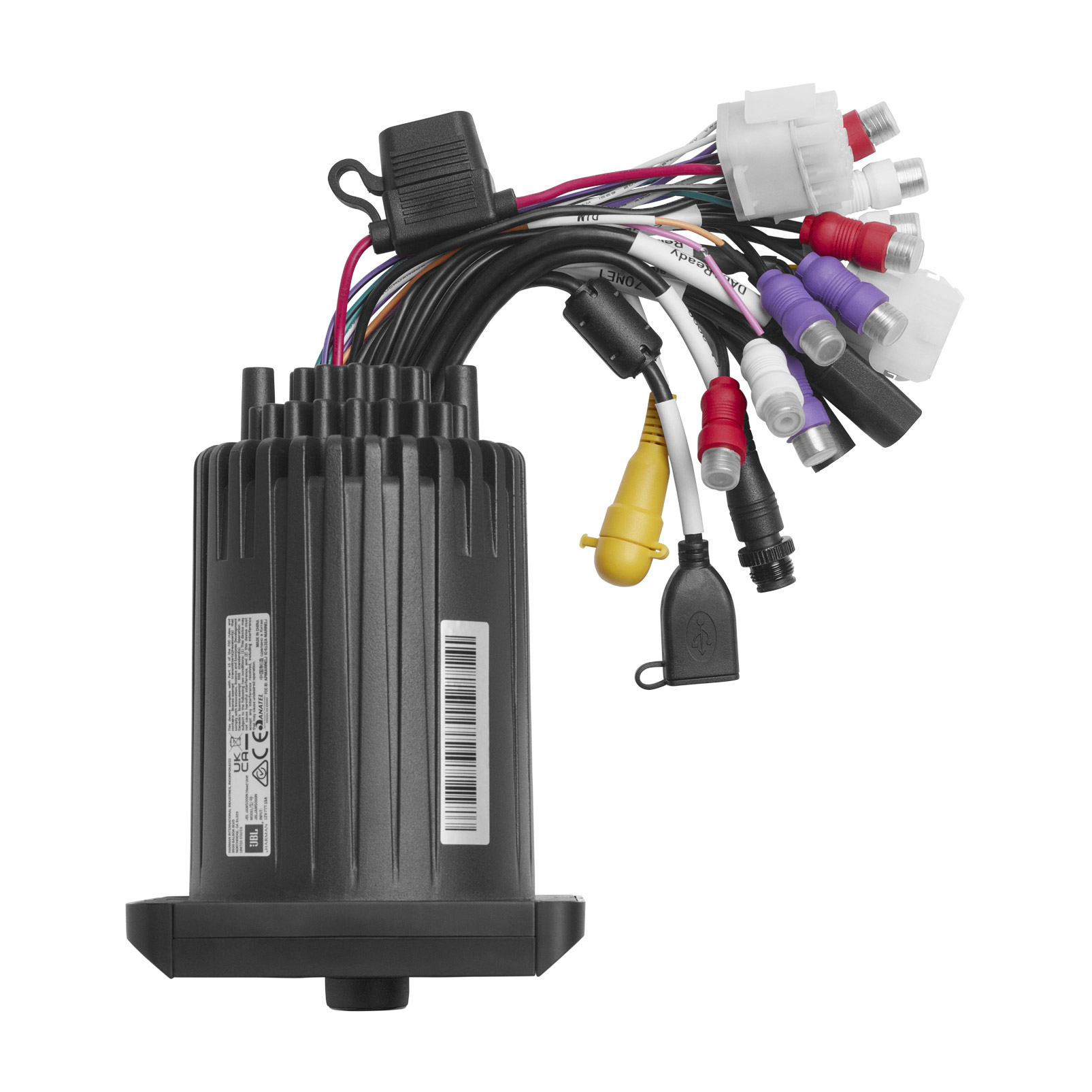 Ein schwarzes Gerät mit vielen bunten Kabeln, darunter ein USB-Kabel.