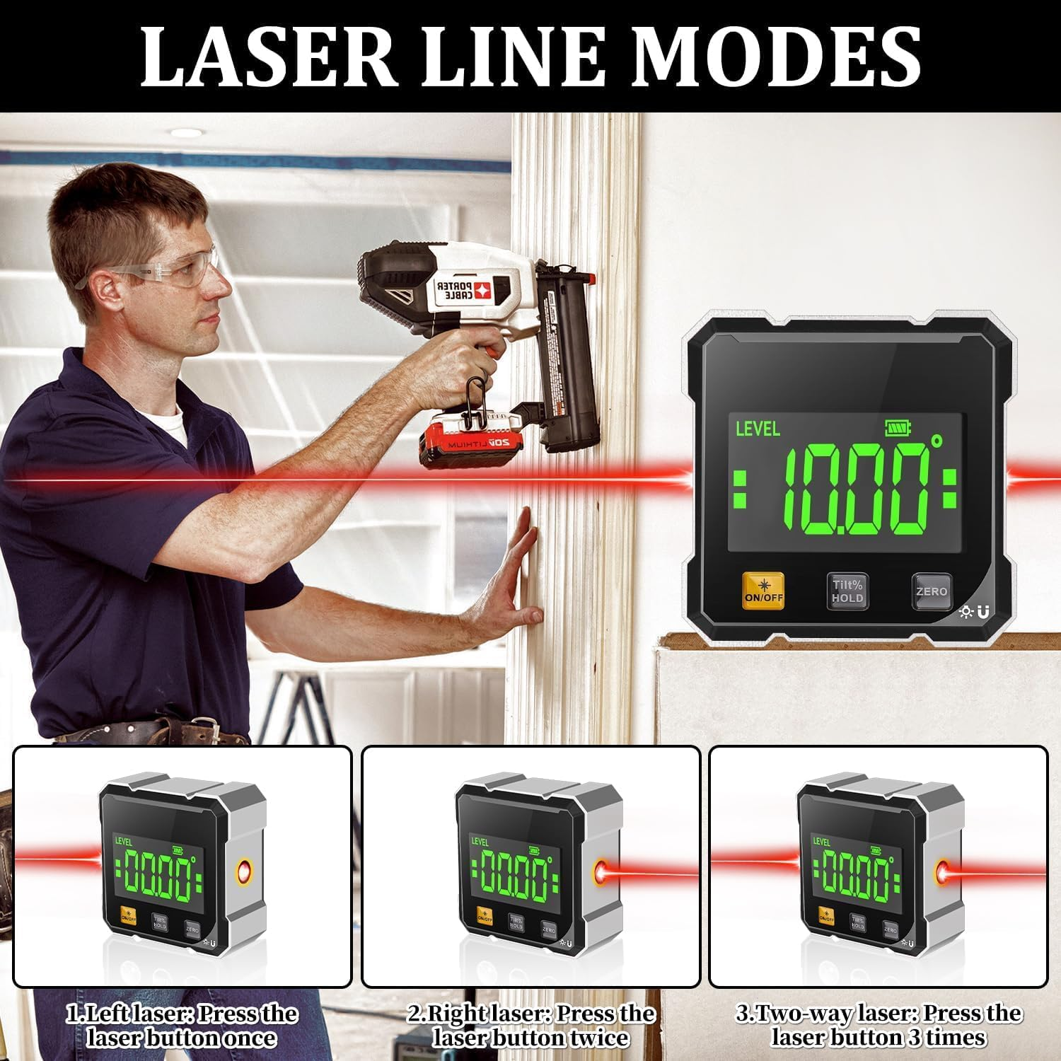 Mann benutzt Nagelpistole mit Laserwasserwaage. Digitalwaage zeigt 10,00.