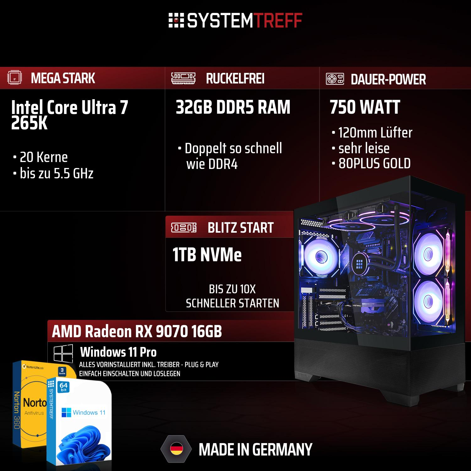 PC-Komponenten: Intel Core Ultra 7, 32GB DDR5, 750W Netzteil, 1TB NVMe, RX 9070. Mit Windows 11 Pro.