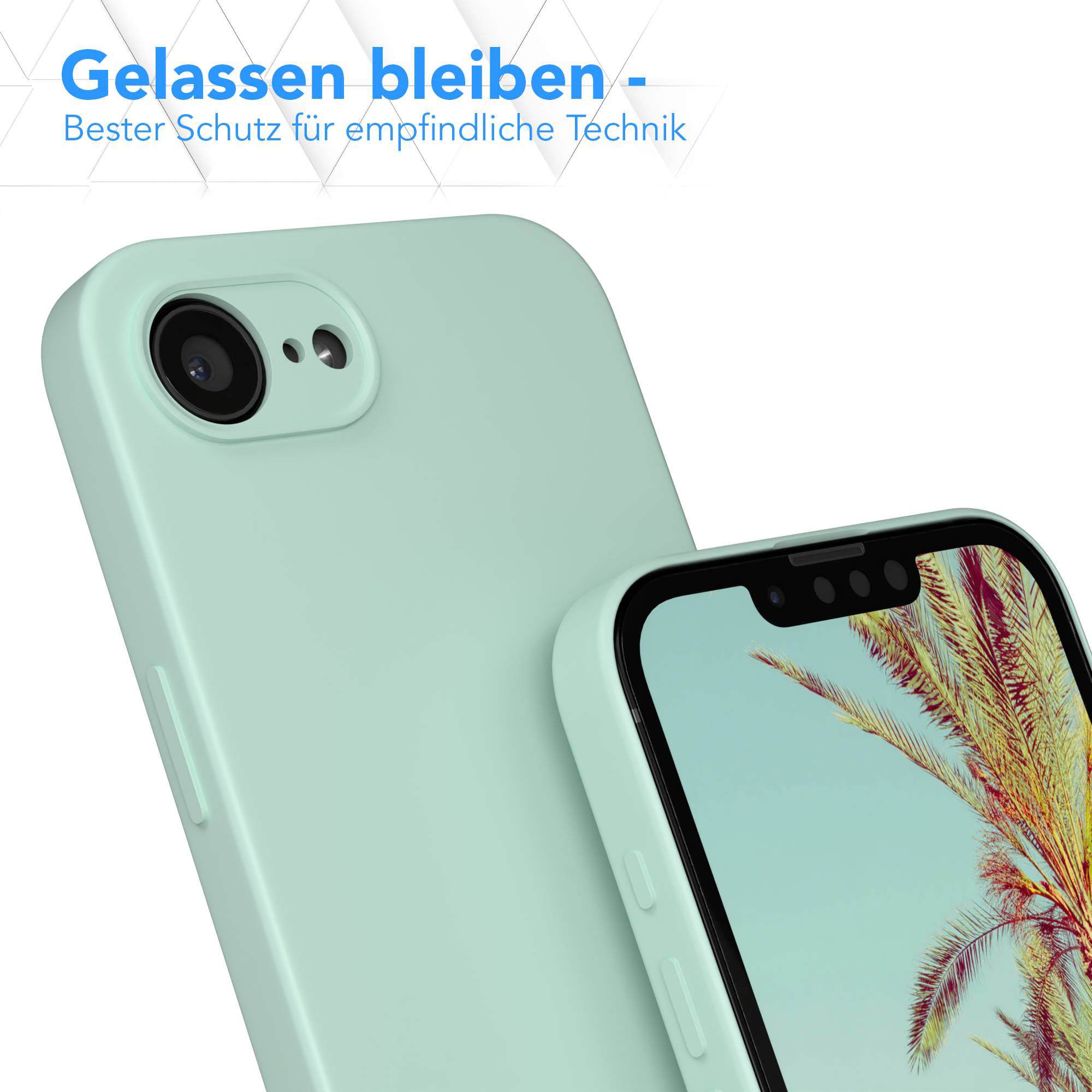 Ein hellgrünes Smartphone mit einem Palmenhintergrund auf dem Bildschirm.