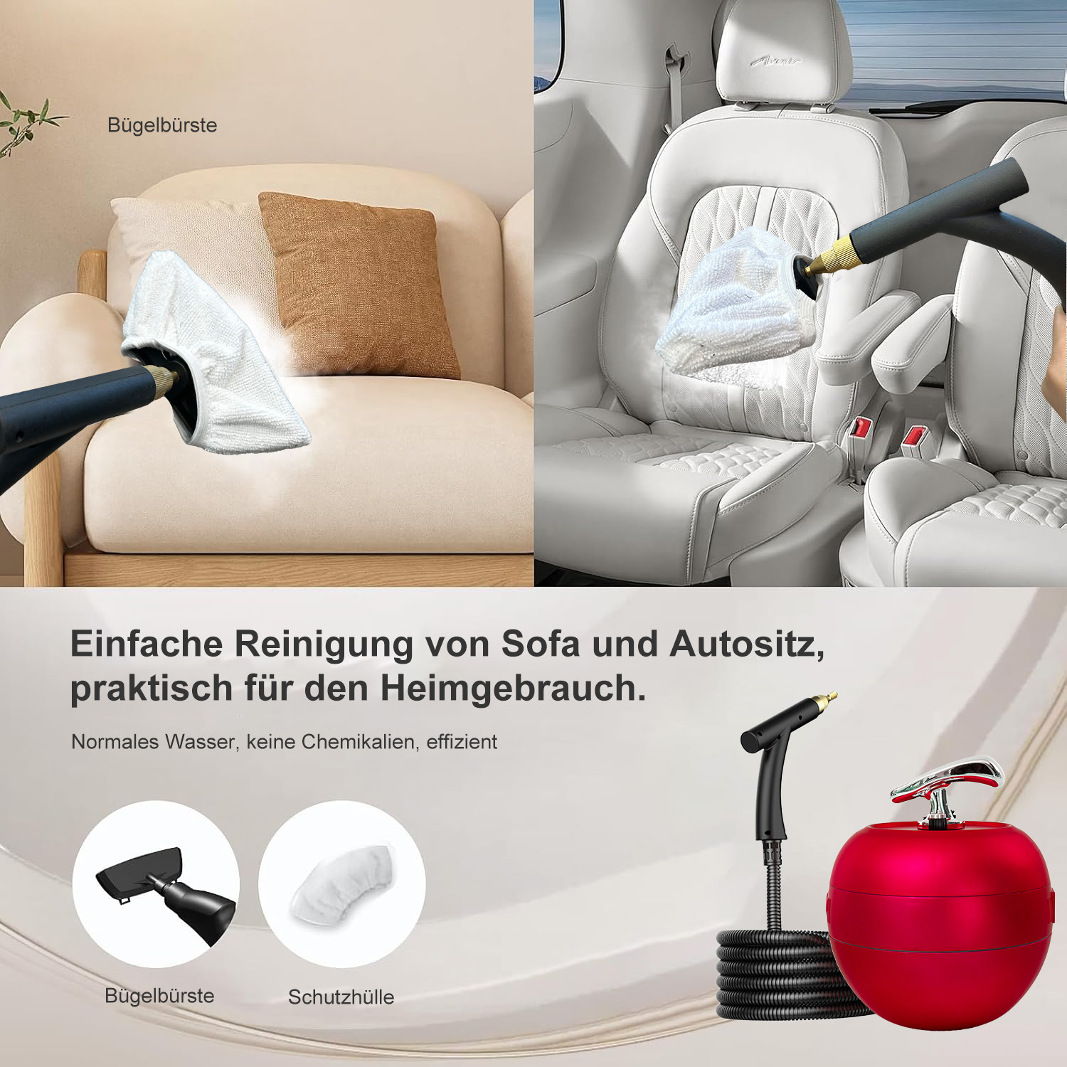 Dampfreiniger reinigt Sofa und Autositz. Mit Bügelbürste und Schutzhülle.