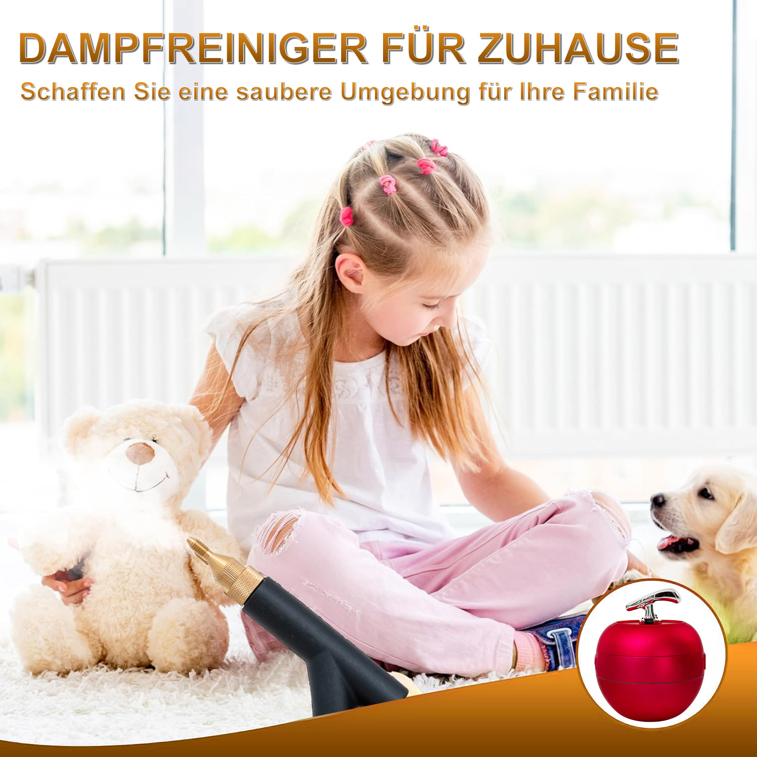 Ein Mädchen sitzt mit einem Teddy und einem Hund. Ein Dampfreiniger ist im Vordergrund.