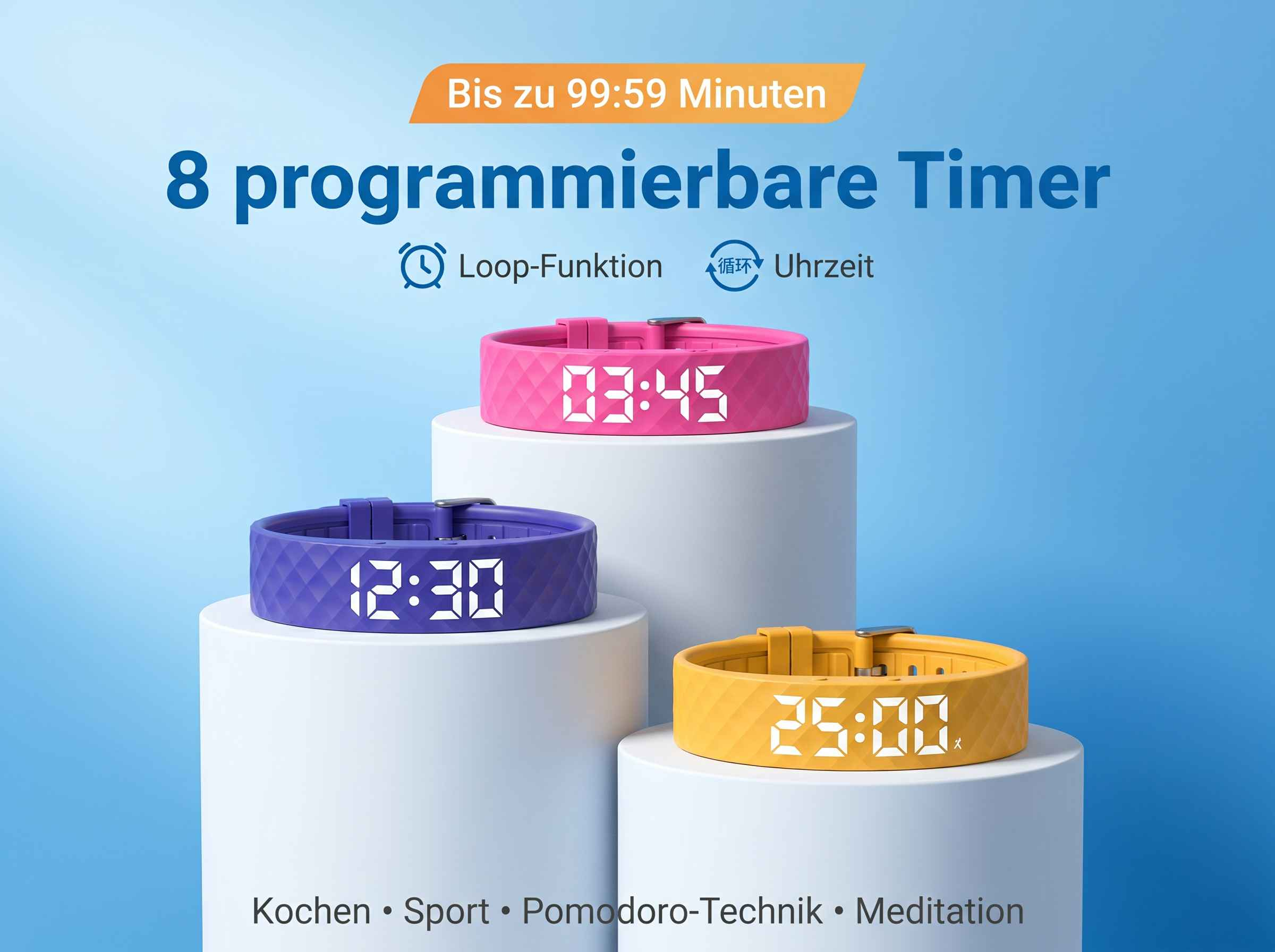 Drei digitale Armbanduhren in Pink, Lila und Gelb auf weißen Podesten.